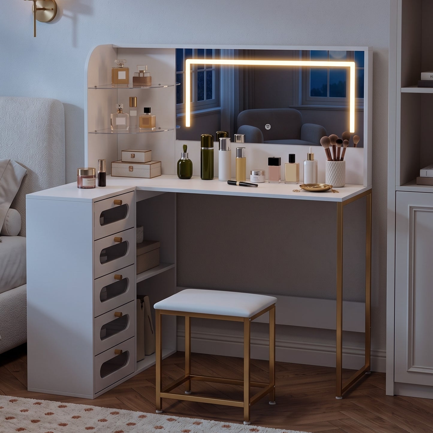 Dressing Table with LED Mirror and Stool, L-Shaped Vanity Desk with Drawers and Shelves, White