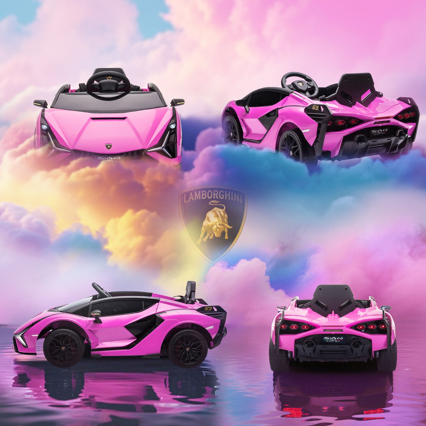 Lamborghini Sian Licensed Electric Car for Kids, 12V Kids Electric Ride on Car with Dual Motors, Remote Control, Pink