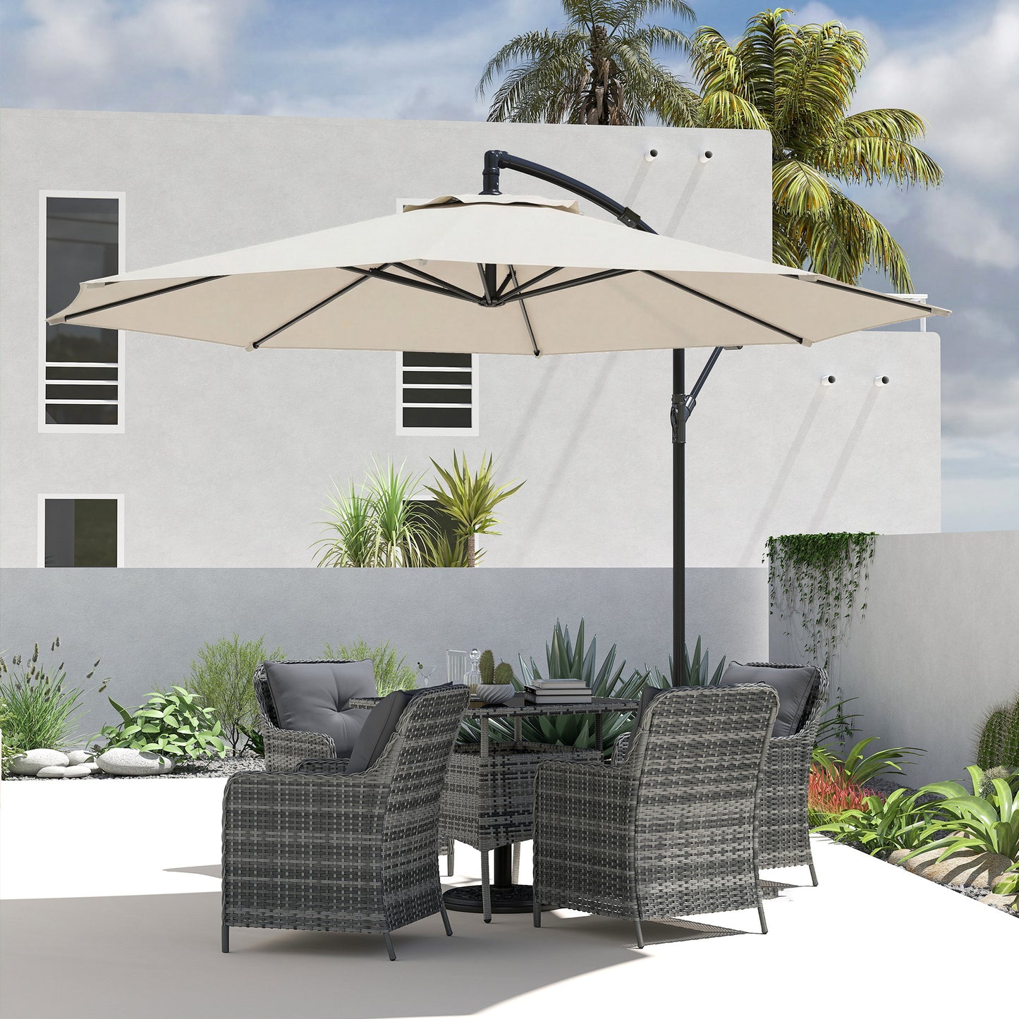 3 m Overhanging Cantilever Parasol, with Cross Base - Cream White