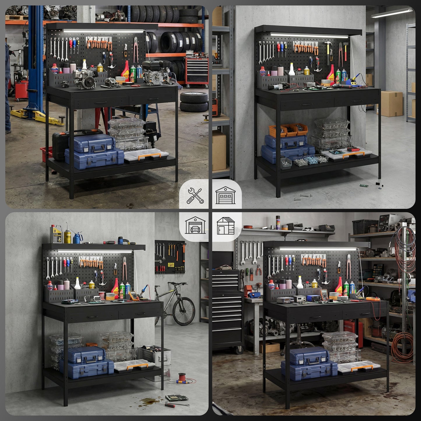 110 cm Workbench with Pegboard, Heavy Duty Work Table with Power Strip and LED Light, Black
