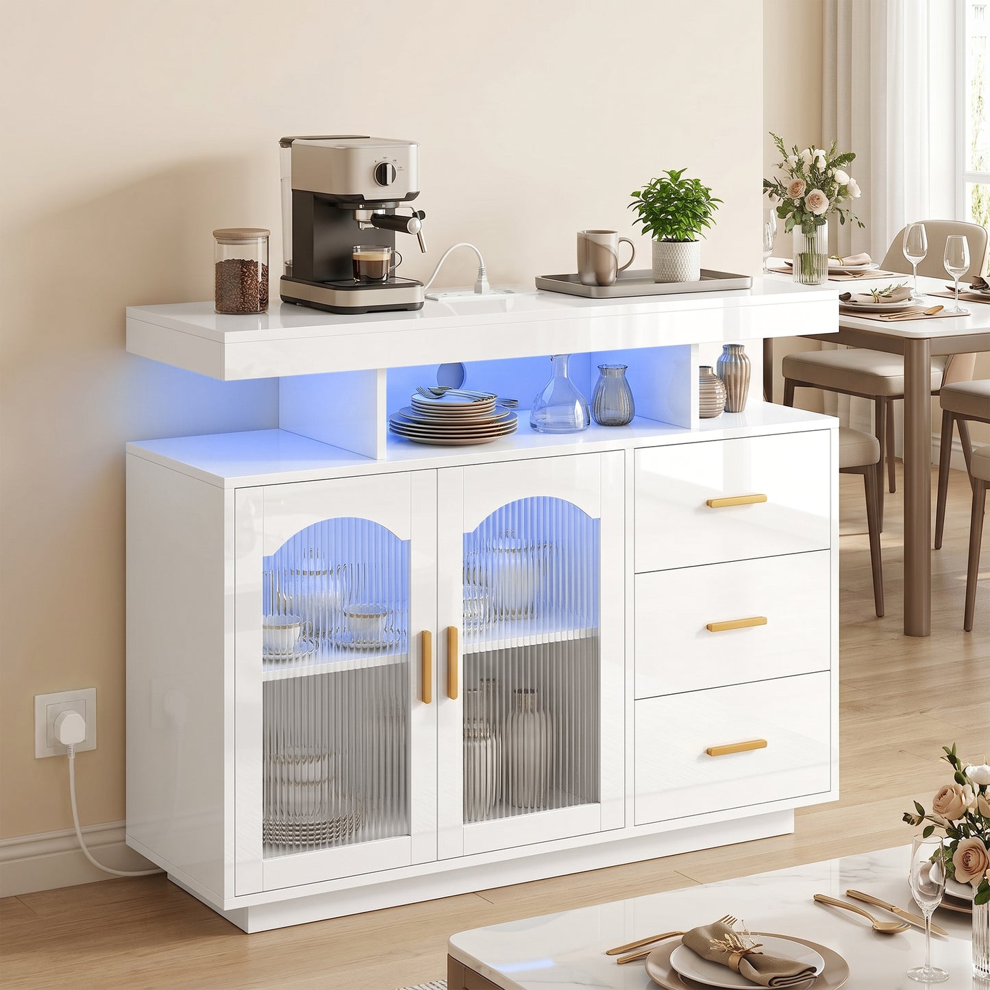 High Gloss Sideboard with LED Lights, Built-in Power Outlets, 3 Drawers, Shelves and 2 Acrylic Doors, White
