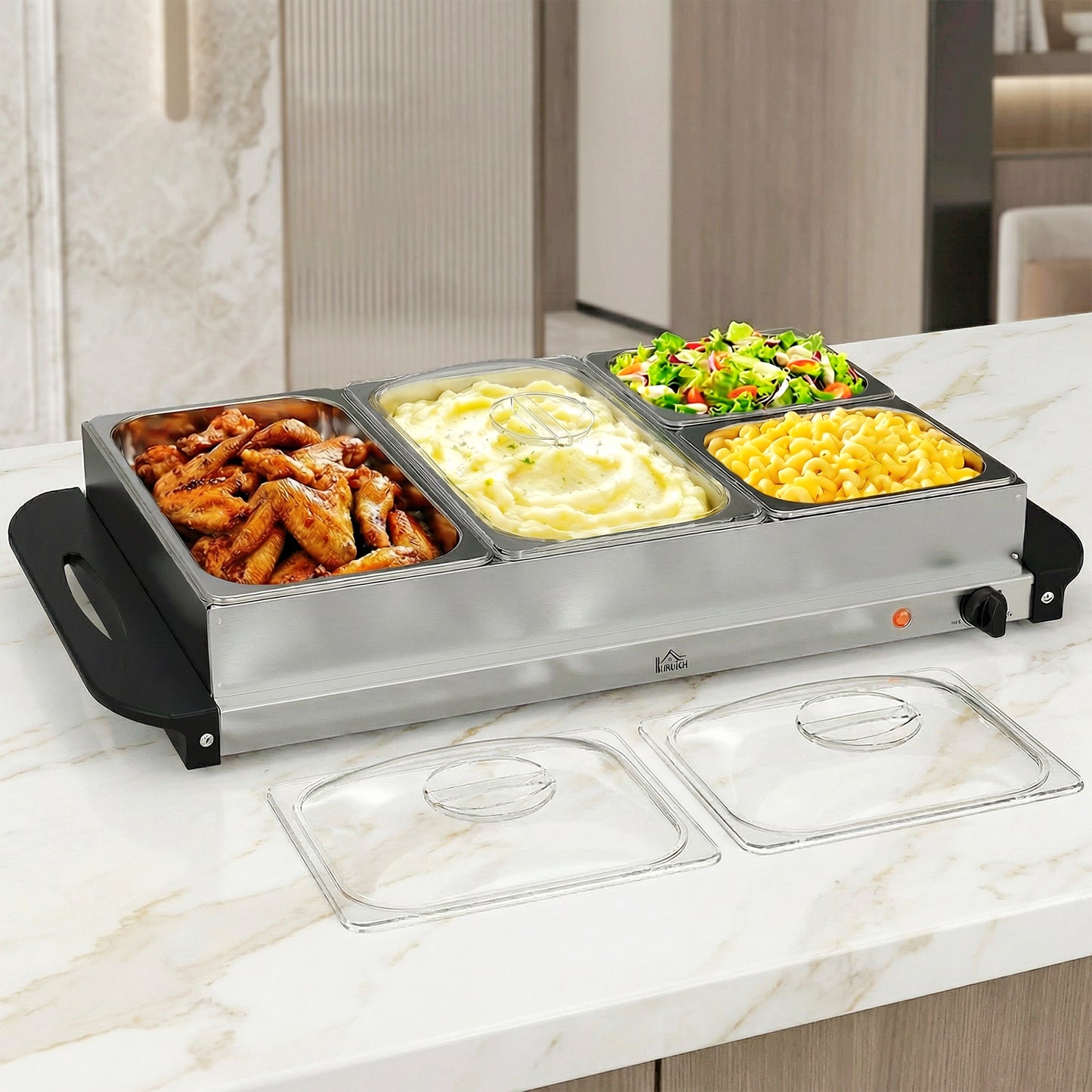 4 Tray Electric Food Warmer Buffet Server with Warming Plate, Cool Touch Handles, Adjustable Temperature, 300W