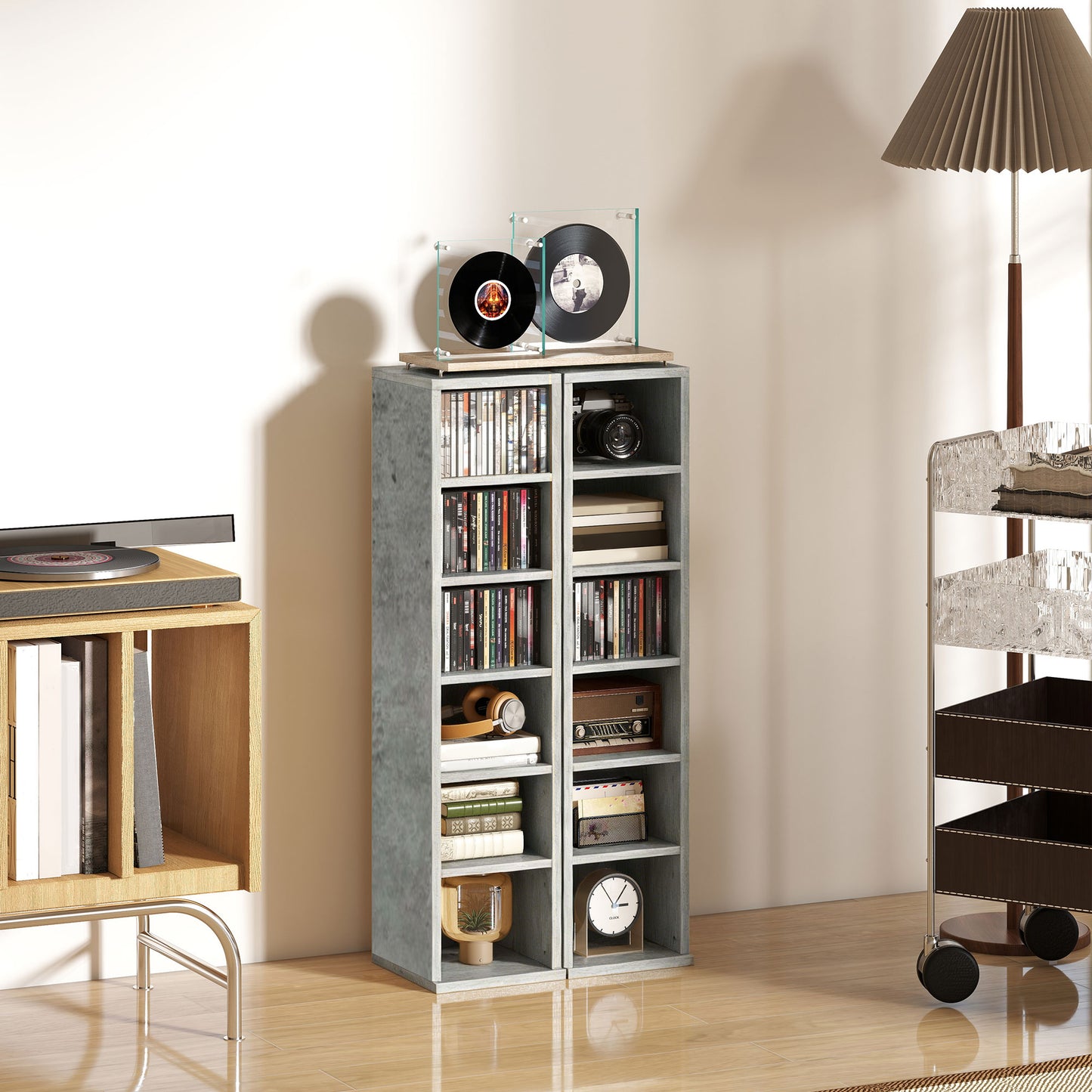 Set of 2 CD Media Display Shelf Unit Tower Rack with Adjustable Shelves, Cement Grey