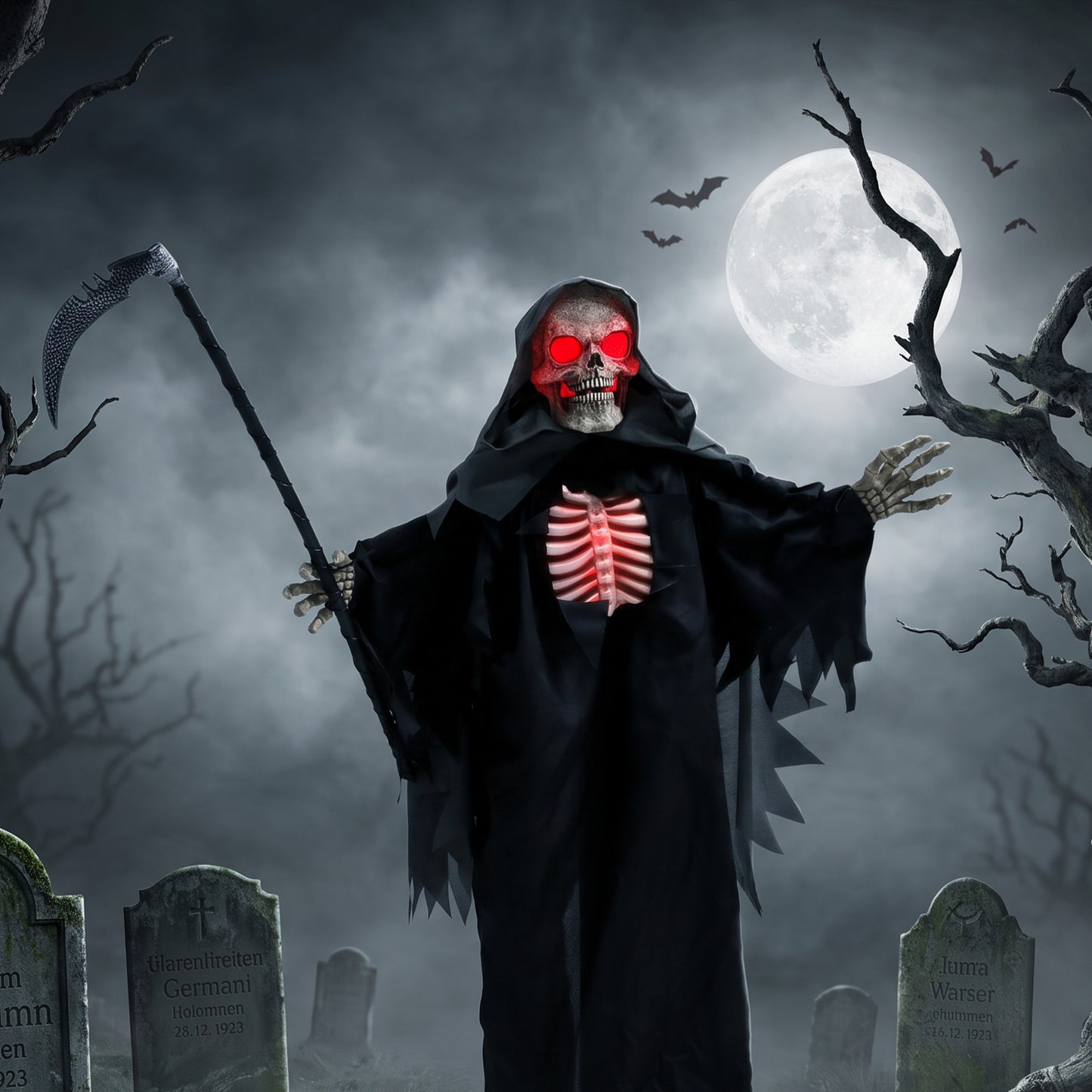 170cm Life Size Animated Grim Reaper Halloween Decoration, Scary Halloween Animatronics Decor with Sound Touch Activated