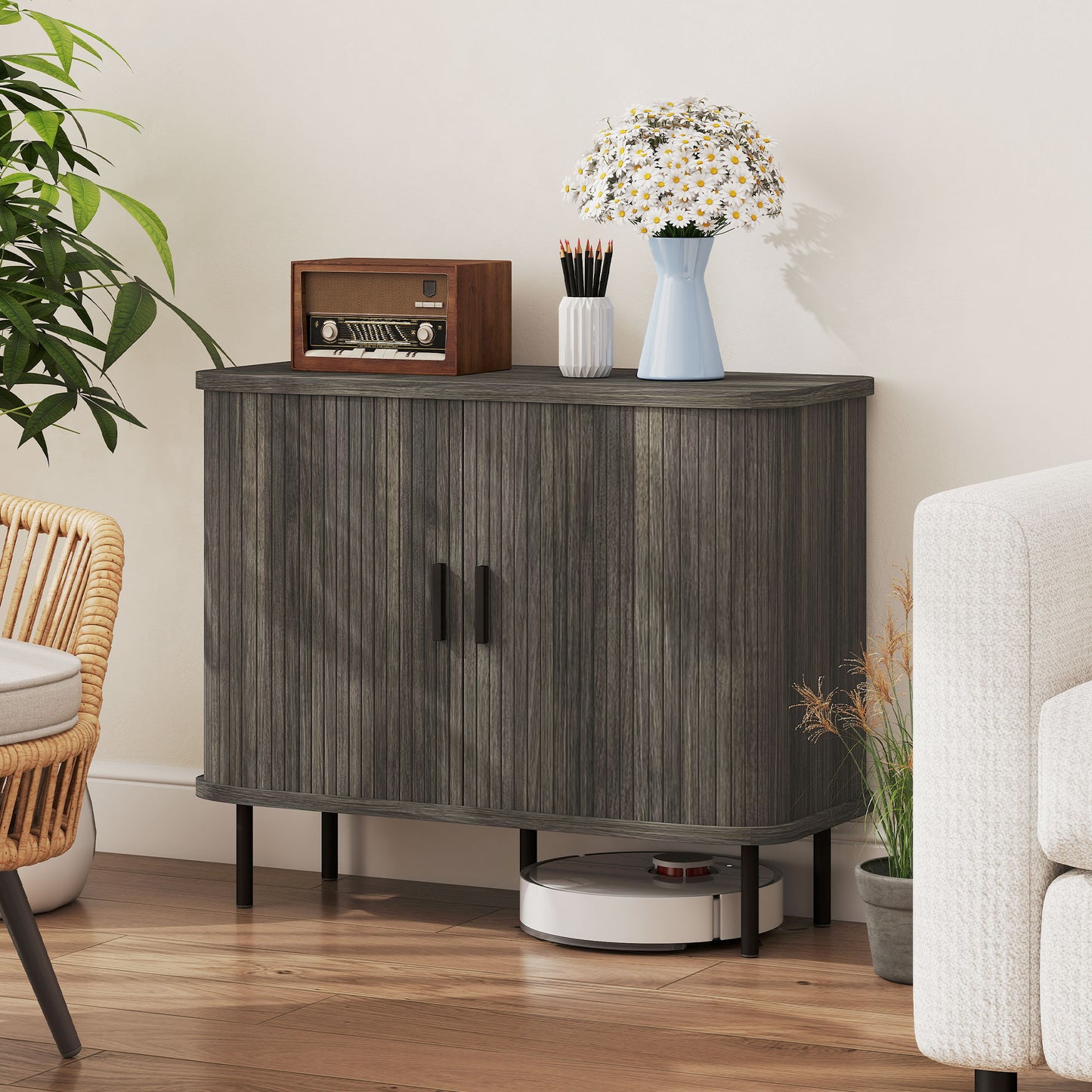 Mid-Century Modern Sideboard Storage Cabinet with Slatted Tambour Sliding Doors, Kitchen Cabinet with Steel Legs, Grey