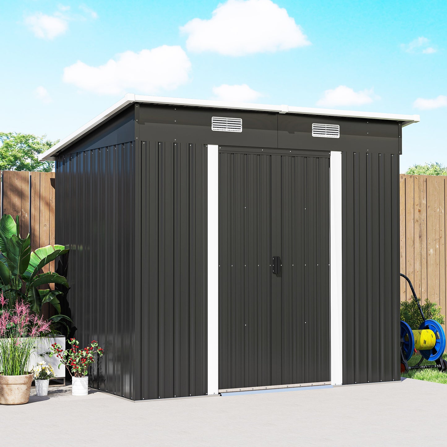 7 x 4ft Outdoor Storage Shed with Foundation Kit, Lean to Metal Garden Shed for Log, Rubbish Bin, Tool, Bike, Black