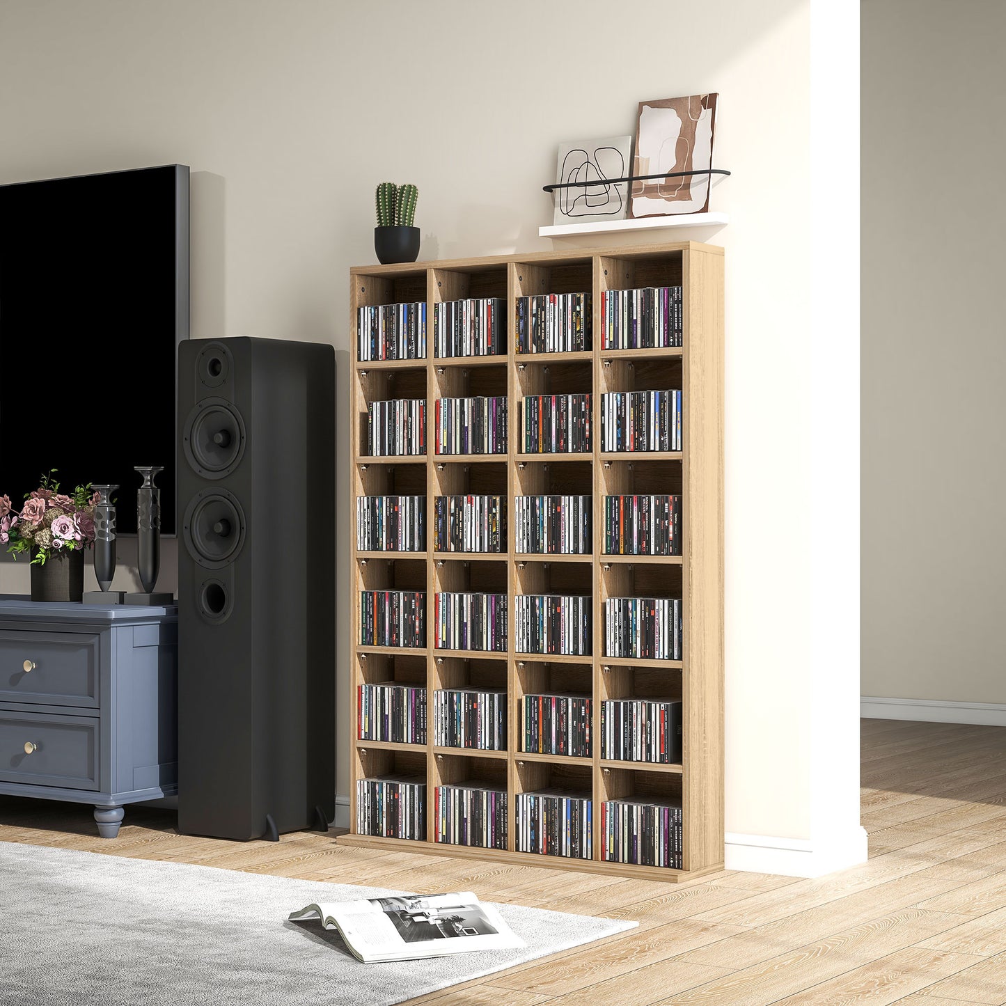 CD Storage Unit with Adjustable Shelves, Suitable for up to 456 CDs, 89 x 130.5 cm, Nature Wood Finish