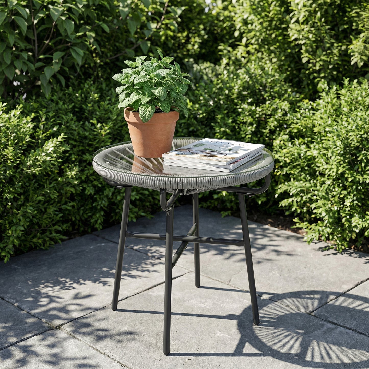 Rattan Side Table, Round Outdoor Coffee Table, with Round PE Rattan and Tempered Glass Tabletop, Light Grey