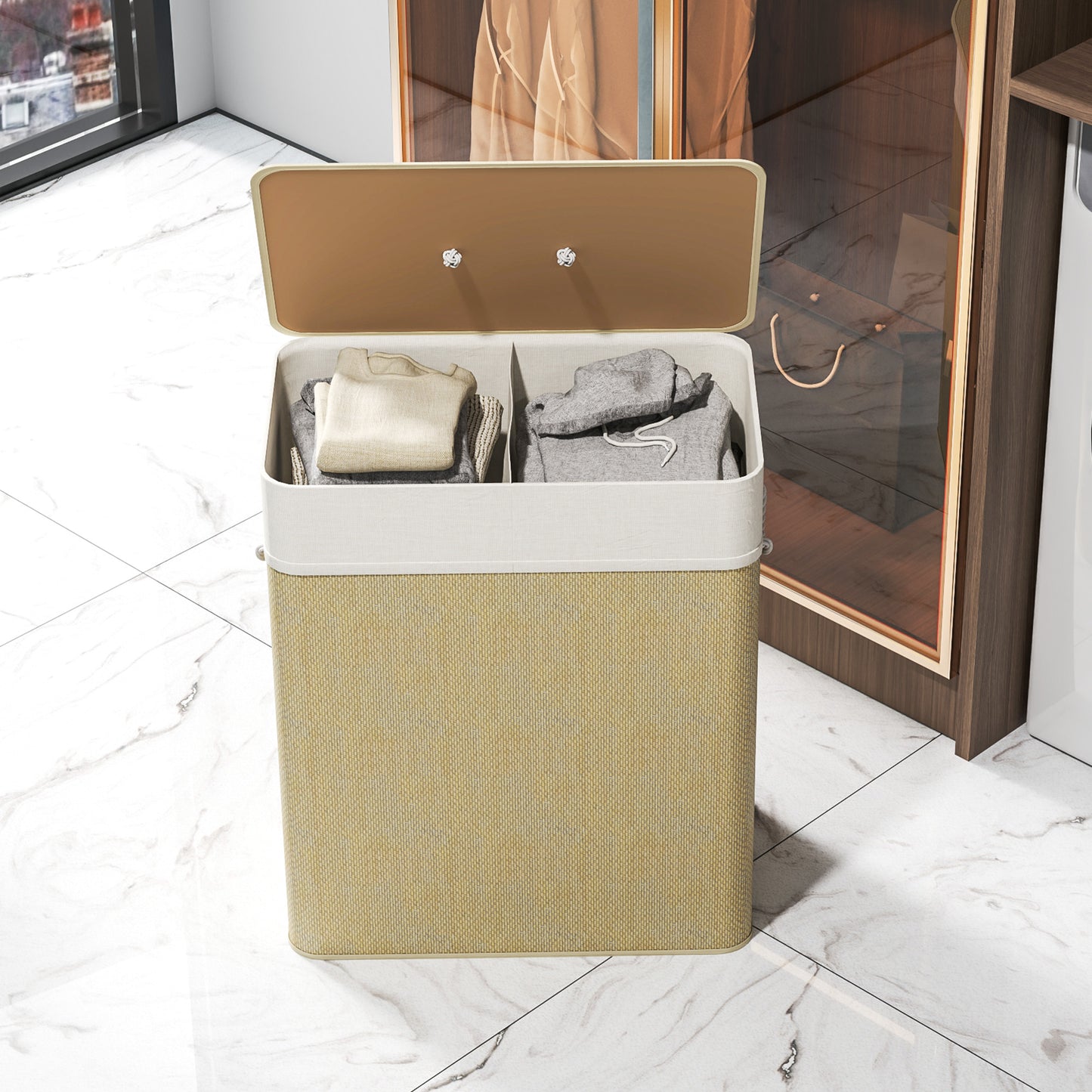 2 Section Laundry Basket with Lid, 100L Bamboo Laundry Hamper with Handles, Removable and Washable Liner, Cream White