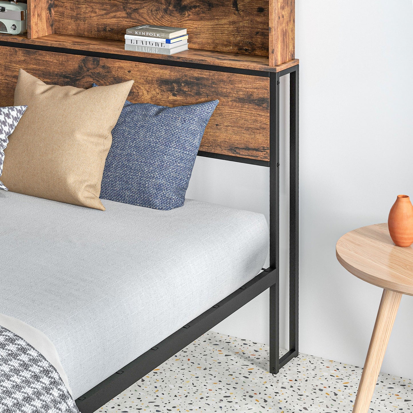 Industrial King Bed Frame, 5.2FT Steel Bed Base with Storage Headboard, Footboard, Slatted Support and Under Bed Storage