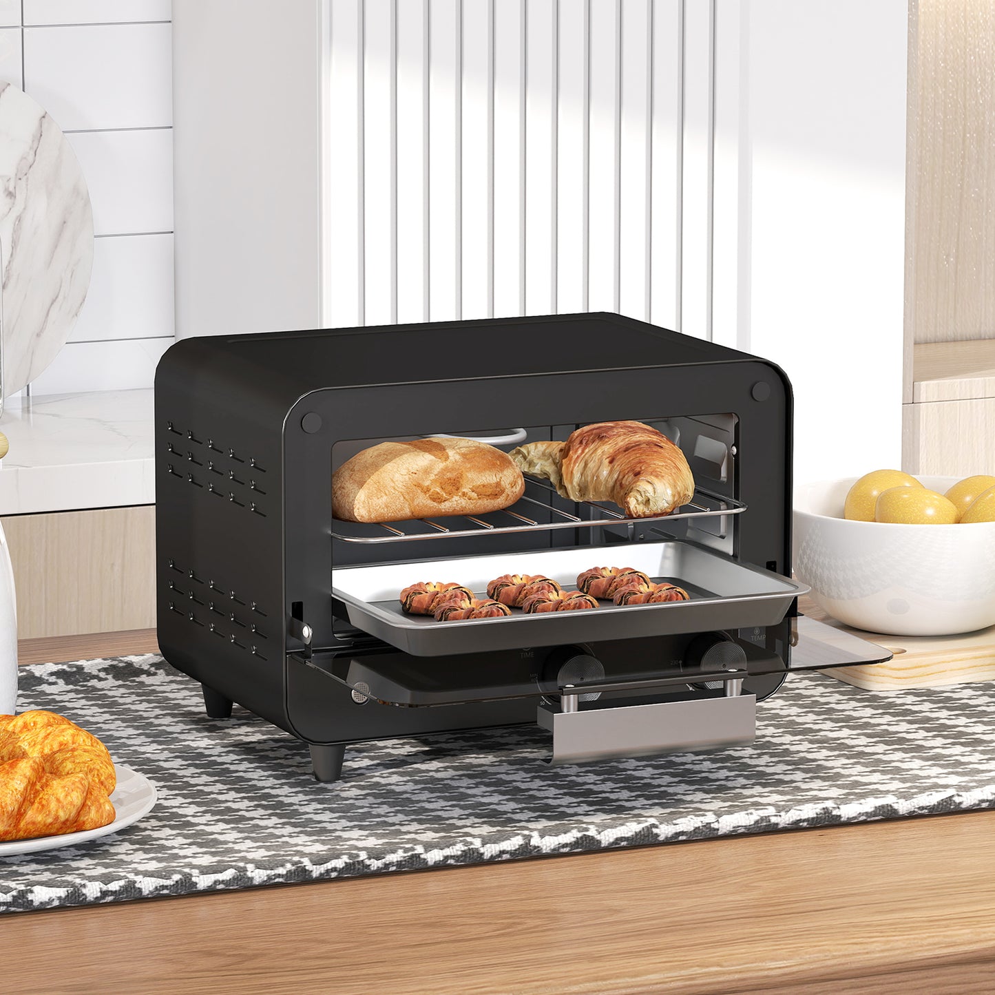 Small Toaster Oven, 12L Multifunction Mini Countertop Oven with Glass Door, Adjustable Temperature and Timer, Black