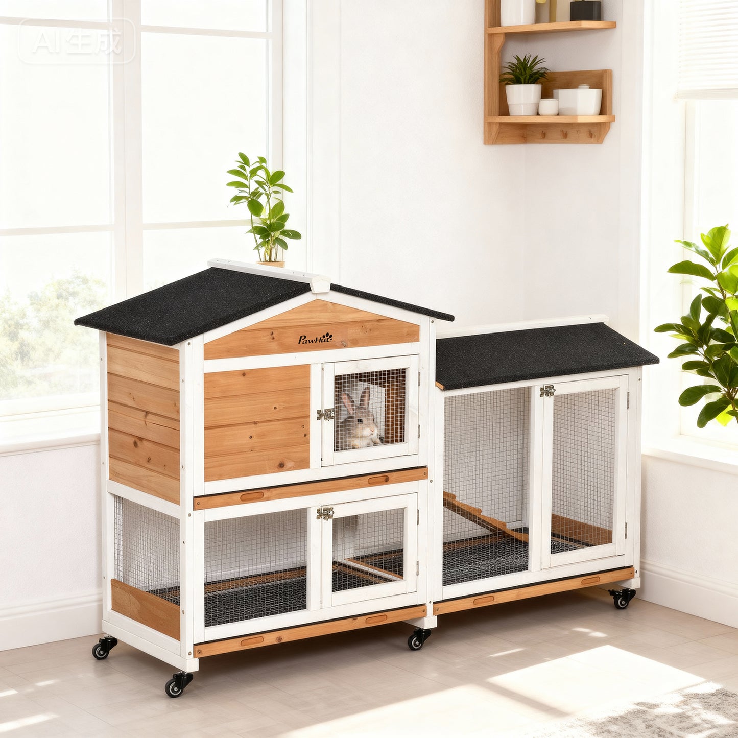 Rabbit Hutch Outdoor with Run Guinea Pig Hutch 2-Tier Bunny Cage w/ Wheels No-Leak Plastic Tray 157.4 x 53 x 99.5 cm - Yellow