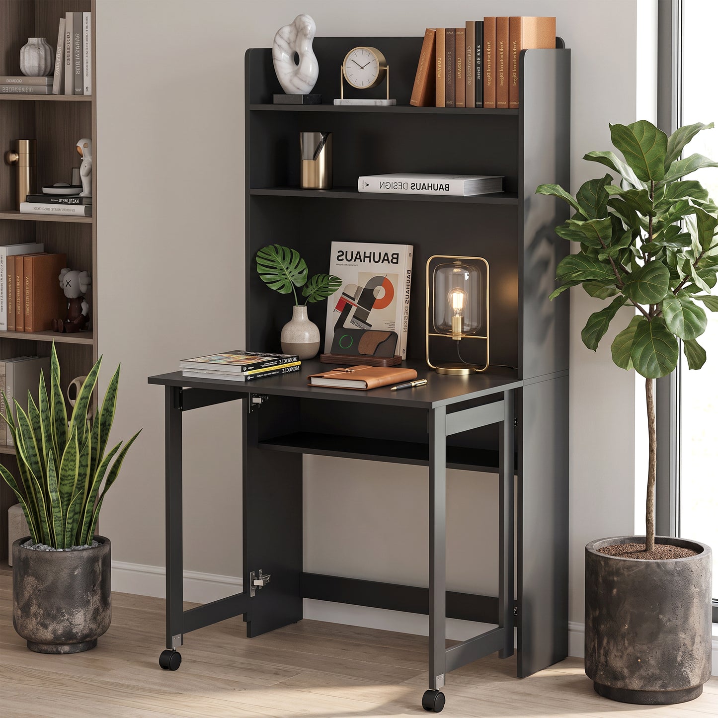 Foldable Desktop, Computer Desk with Storage Shelves, 80 x 69 x 155 cm, Black