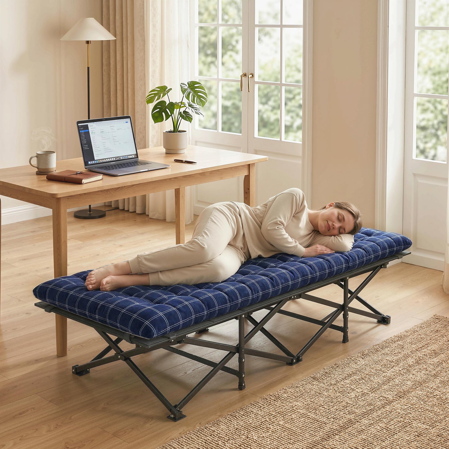 Camping Cot with Soft Pad, 80cm Extra Wide Folding Cots with Side Pocket and Carry Bag, Blue
