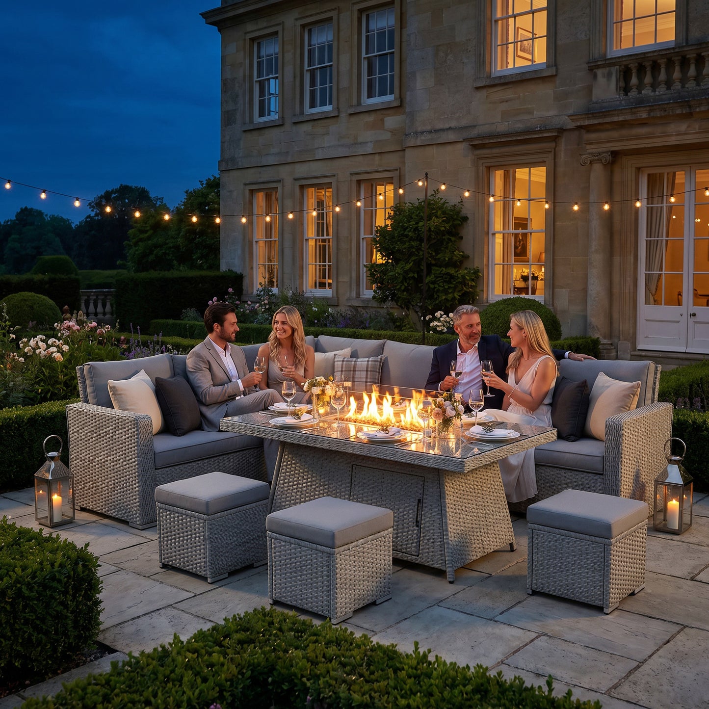 Seven-Piece Firepit Table Rattan Sofa Set - Grey