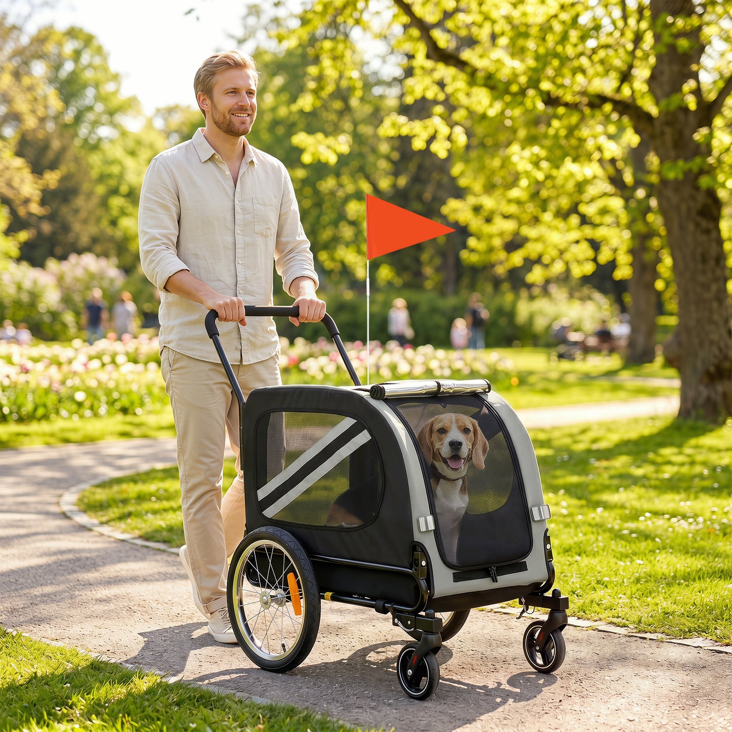 2-In-1 Pet Bike Trailer Dog Stroller Pushchair with Universal Wheel Reflector Flag Grey