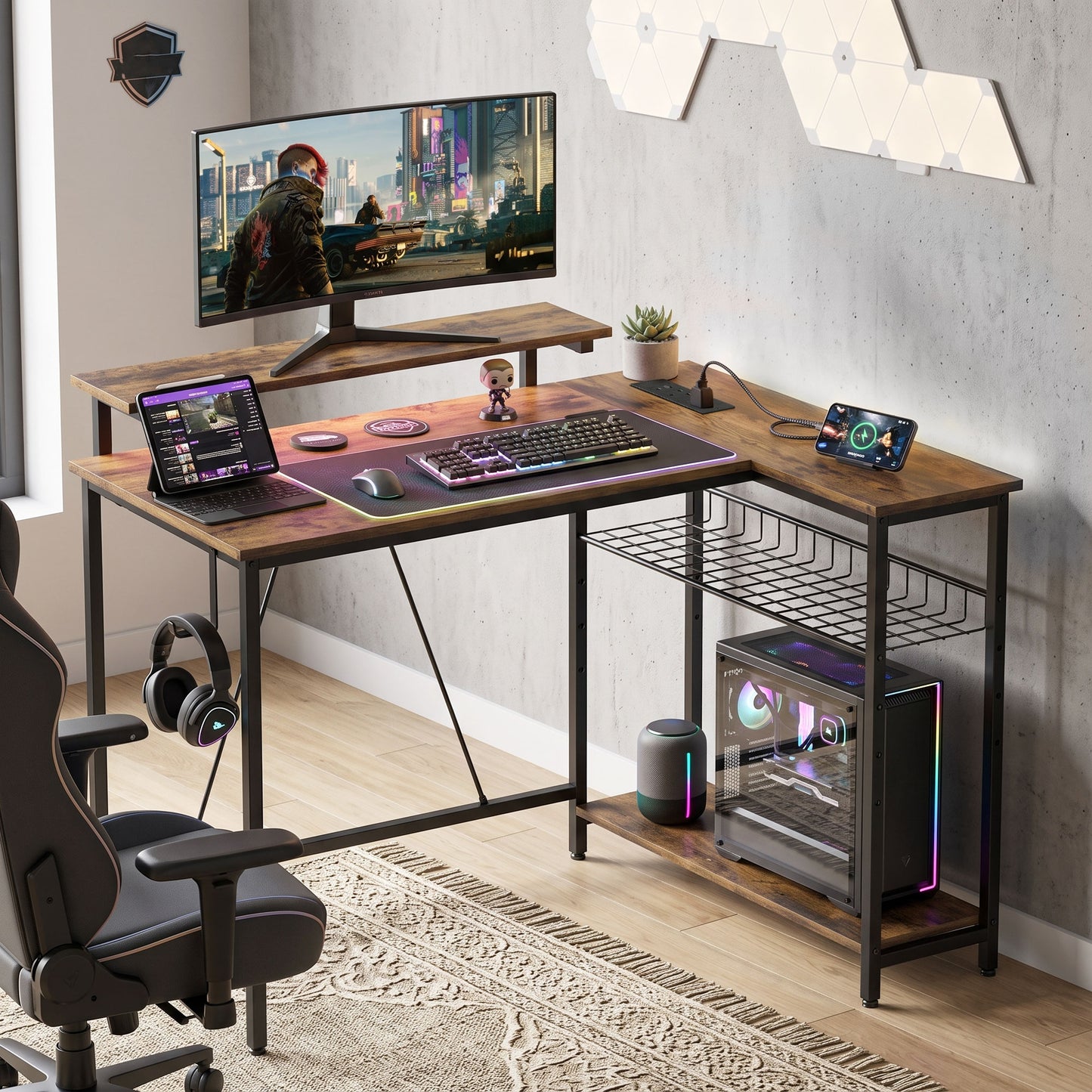 Reversible 'L' LED Light Gaming/Work Desk - Rustic Brown