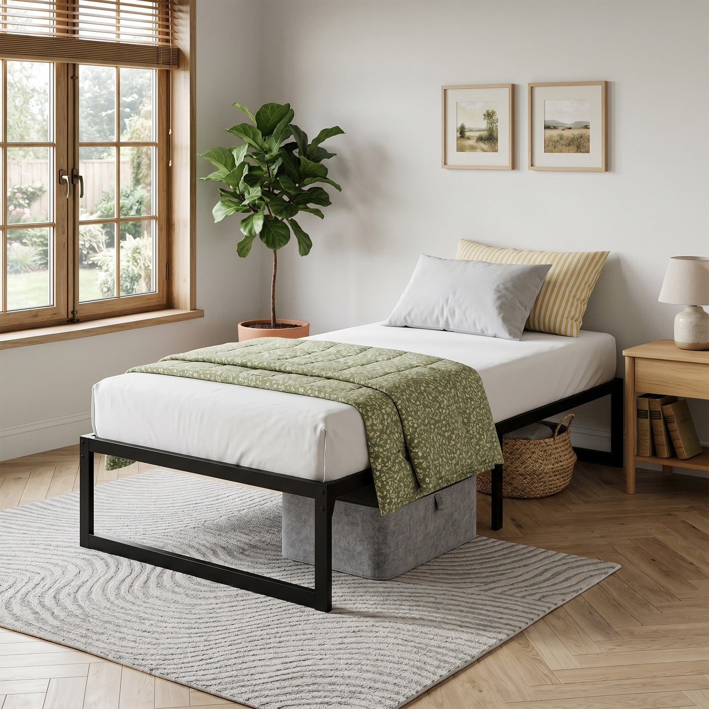 3ft Single Bed Frame with Underbed Storage and Steel Slat Support, 32.5 cm Height, Noise-Free, Black