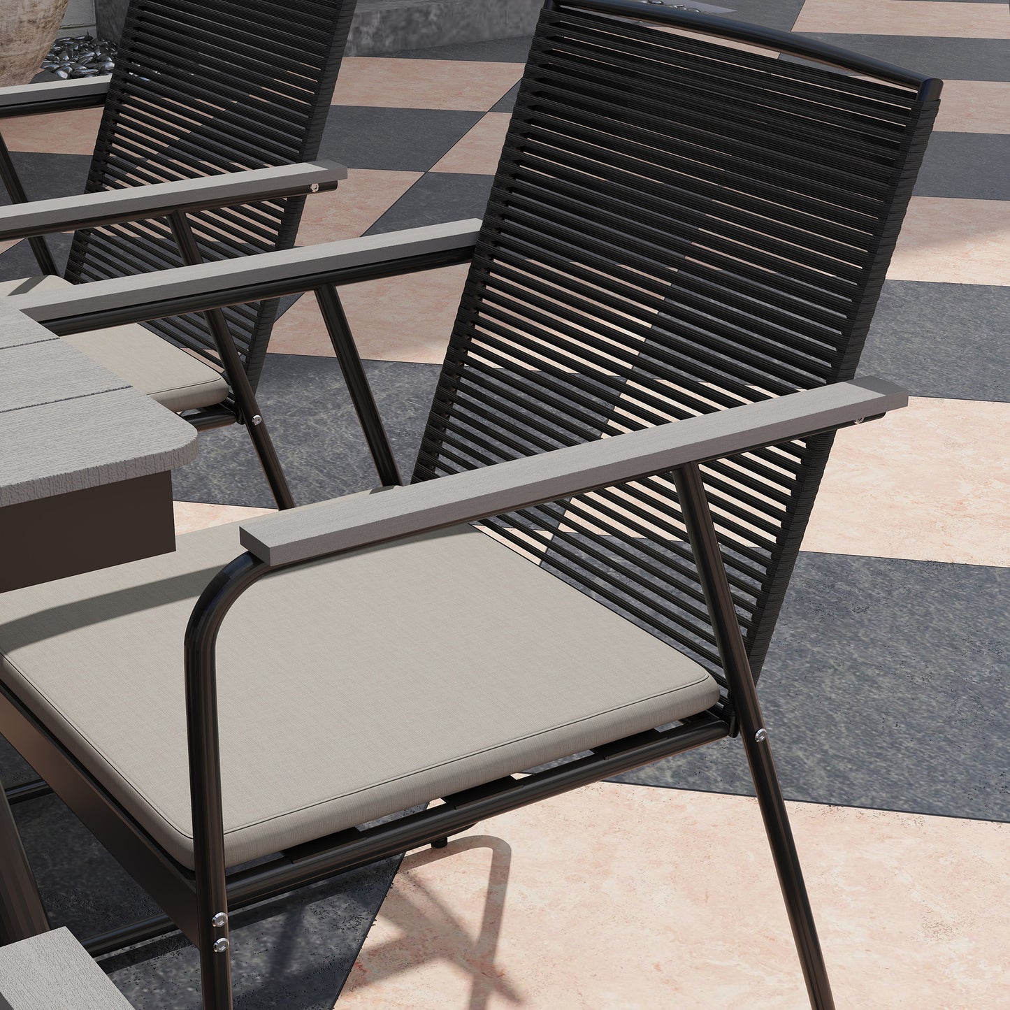 6‑Seater Garden Dining Set with Cushions, Rattan Backrest, Plastic Top, Garden Furniture Set, Grey