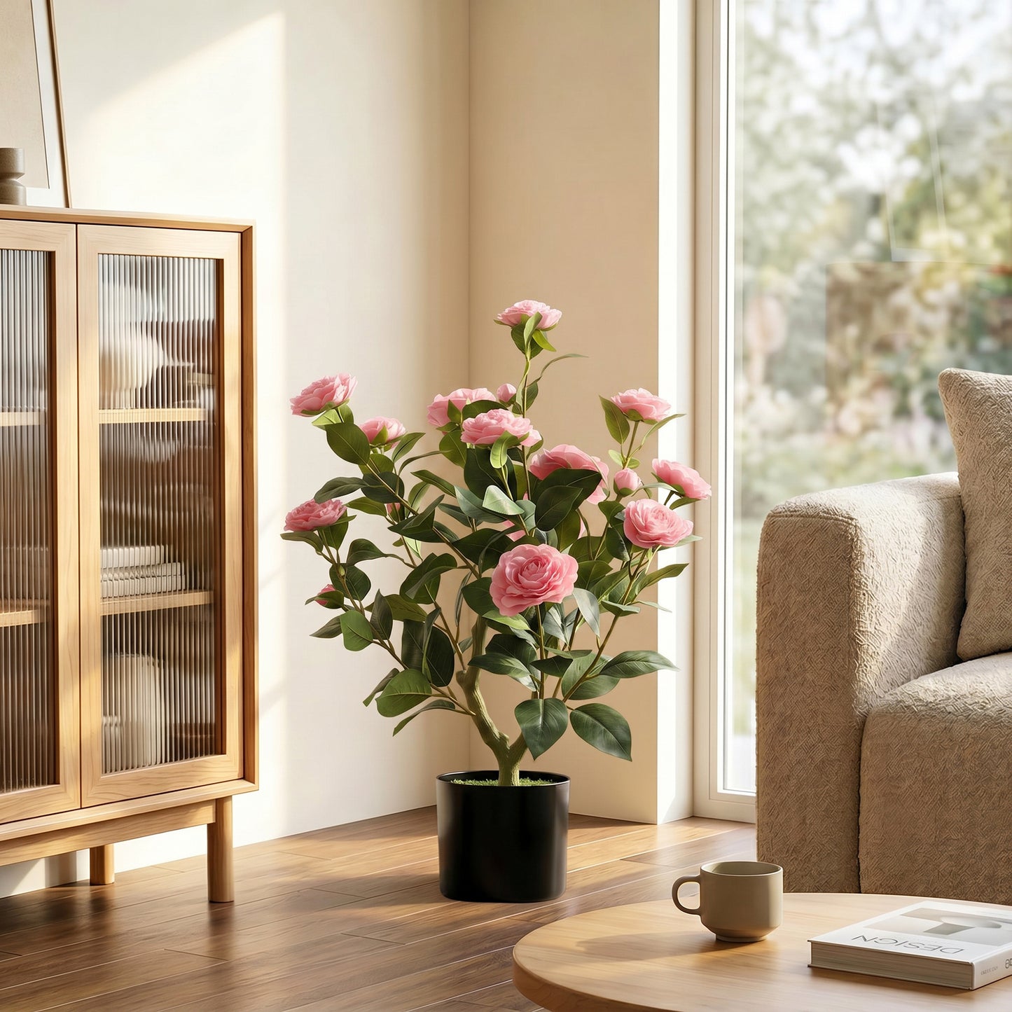 65cm Artificial Camellia Flower Plant in Pot with 116 Lush Leaves & Moss Effect, Pink