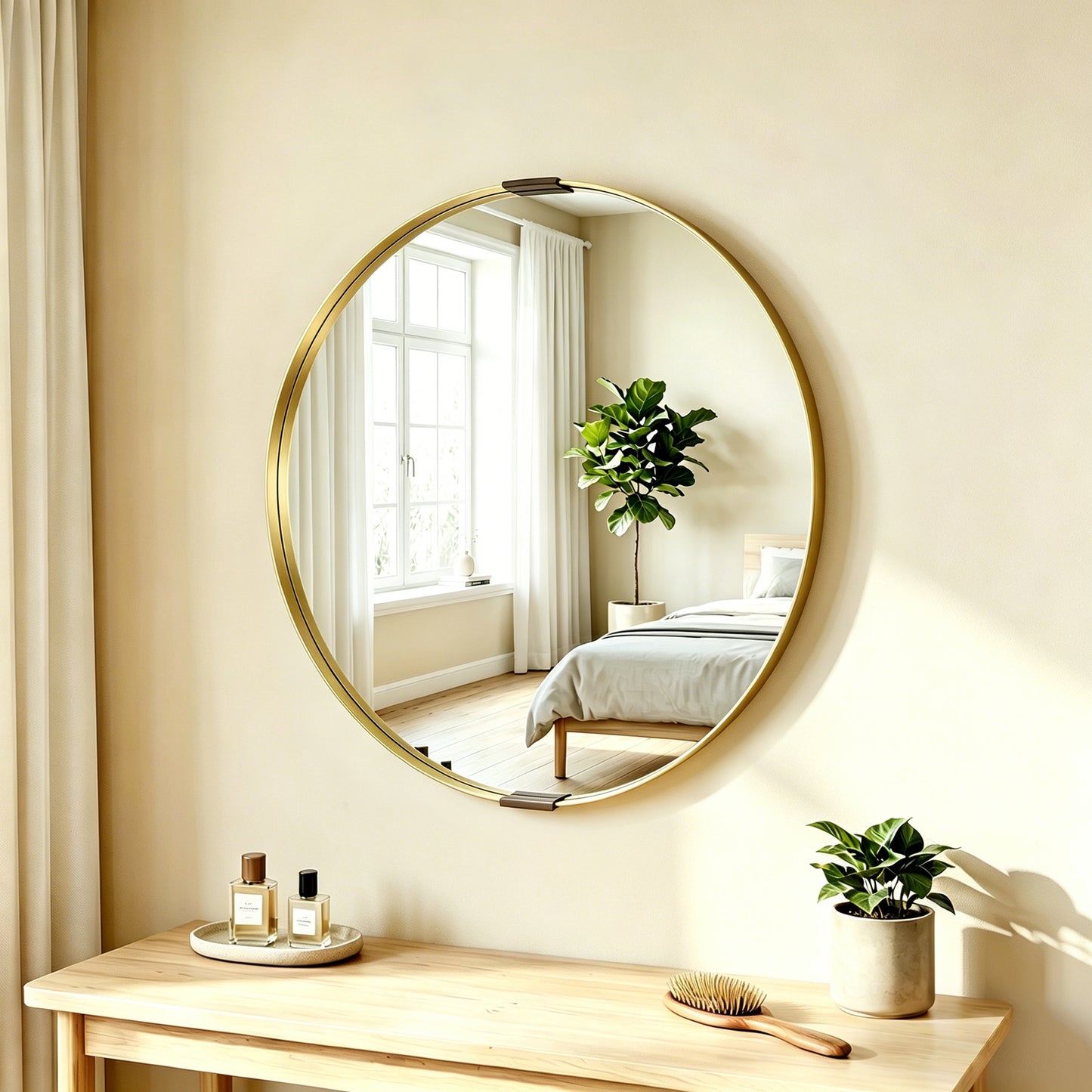 Round Wall Mirror 61 cm, Wall Mounted Bathroom Mirror with Tempered Safety Glass and Aluminium Alloy Frame, Gold Tone