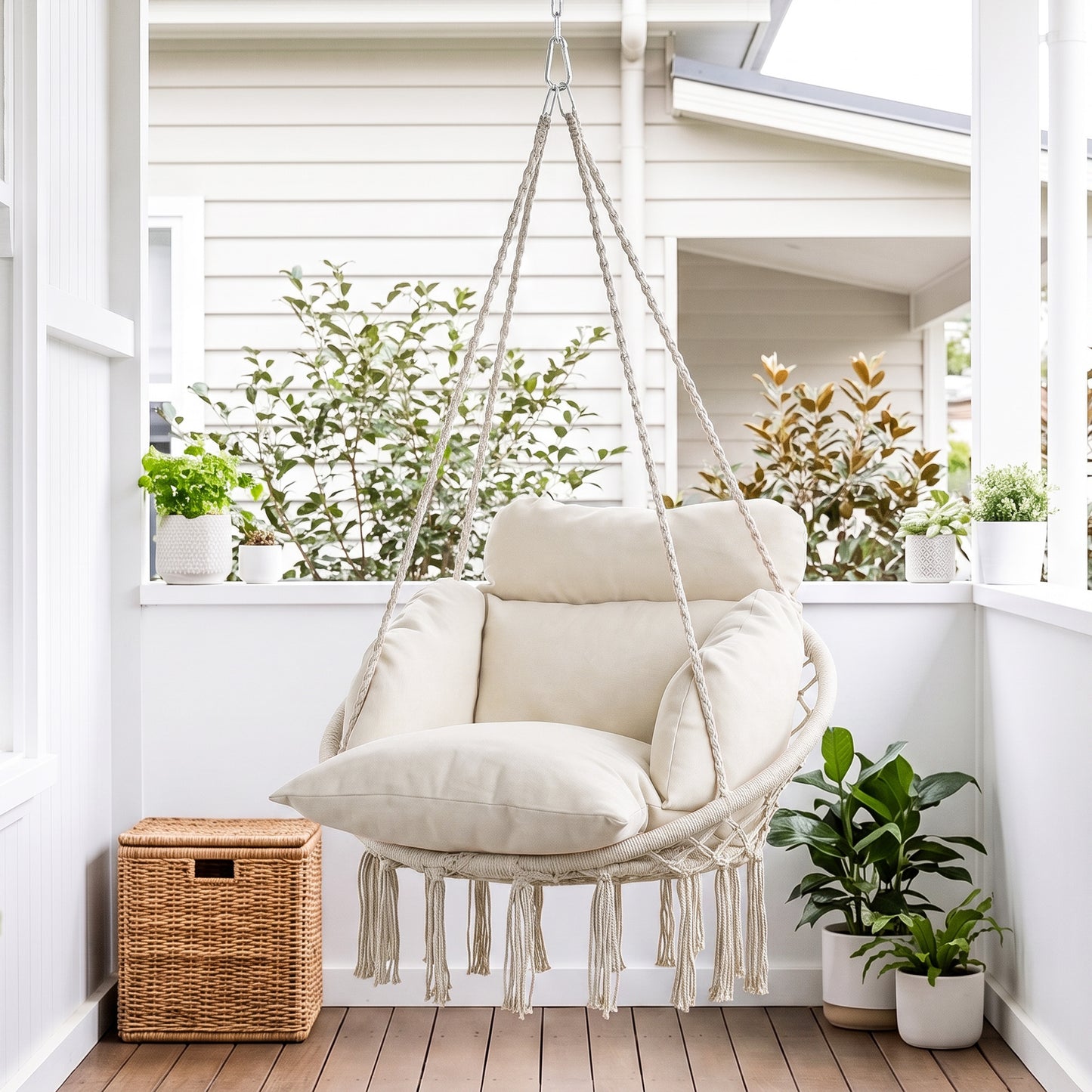 Hanging Chair Outdoor Hammock Chair with Soft Cushion, Cotton Rope Boho Style Swing Chair