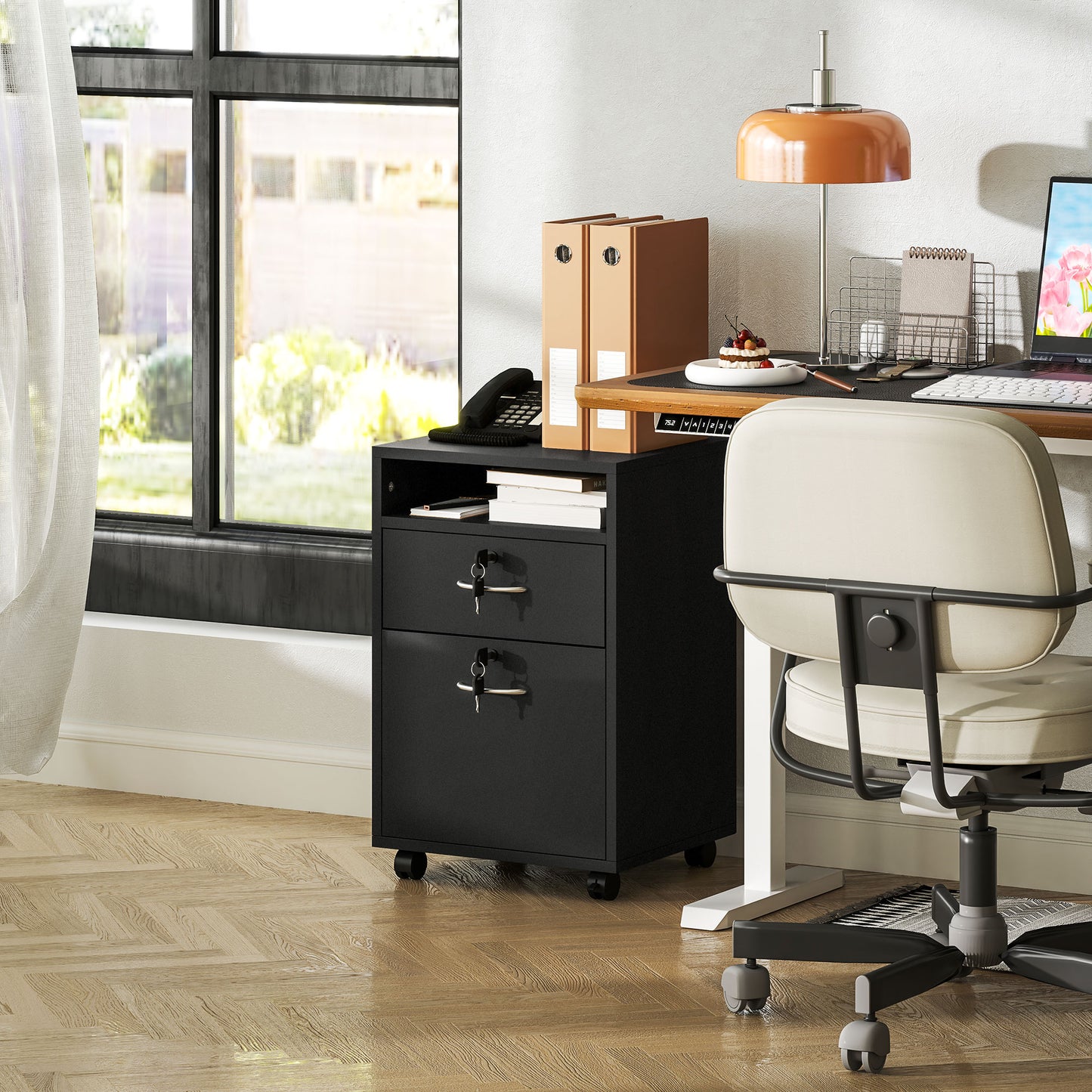 Filing Cabinet, Mobile File Cabinet with 2 Lockable Drawers, Office Home Organiser on Wheels for A4