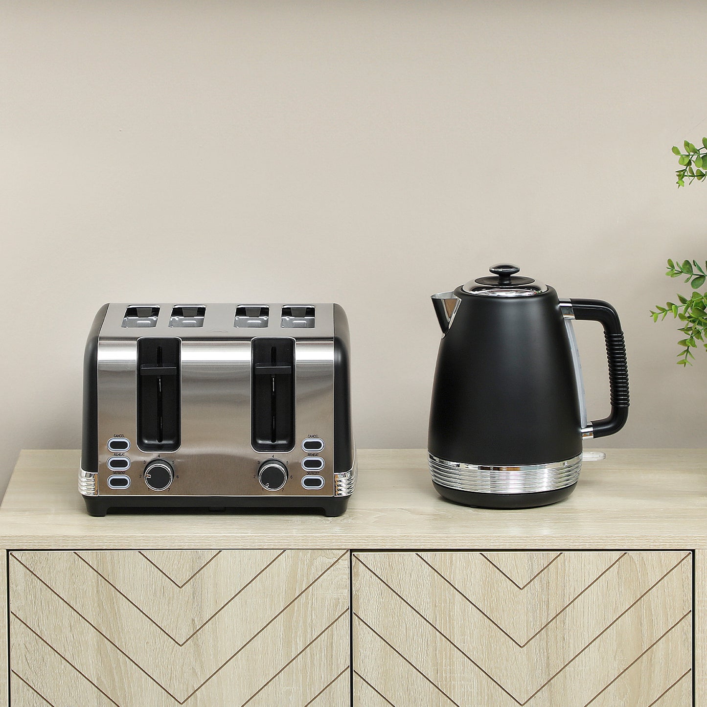 Stainless Steel Panel Kettle and Toaster Set - Black