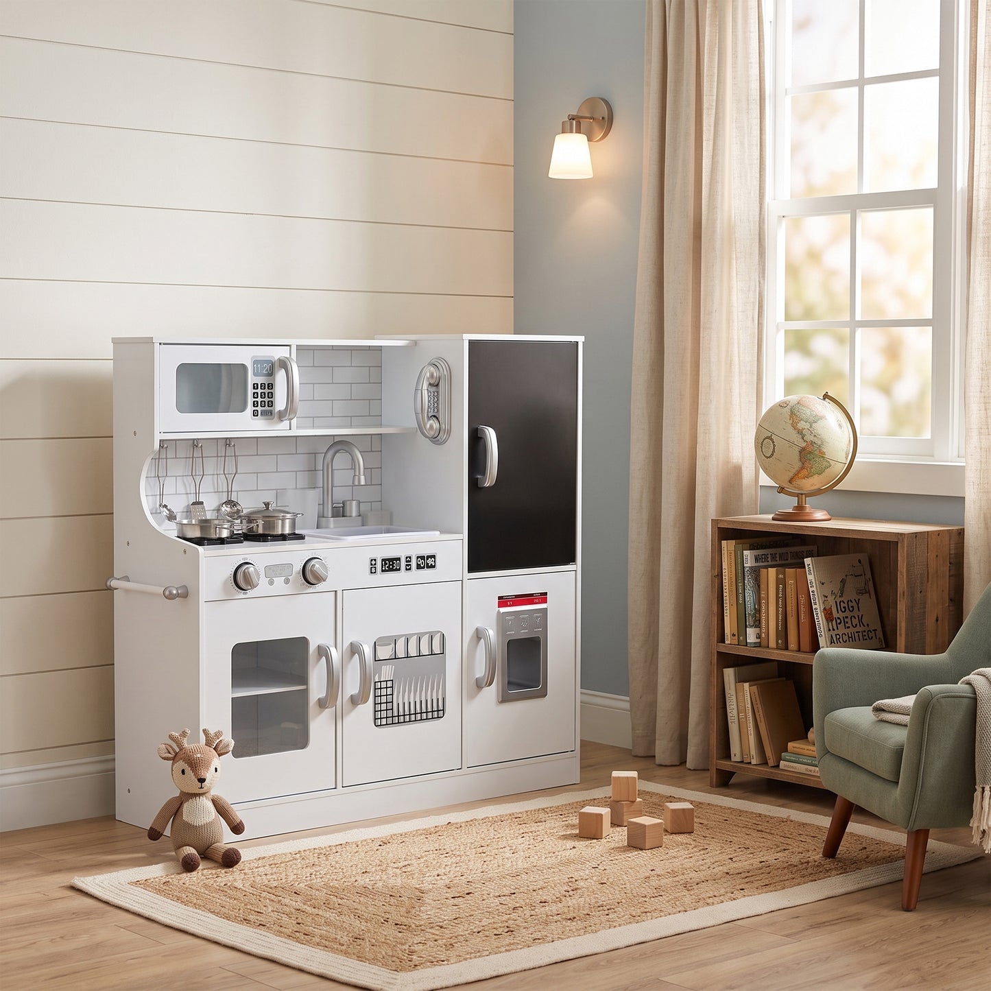 Pretend Play Kitchen, Kids Kitchen Playset, with Toy Phone, Chalkboard, Microwave, Cooking Stove, Sink, White