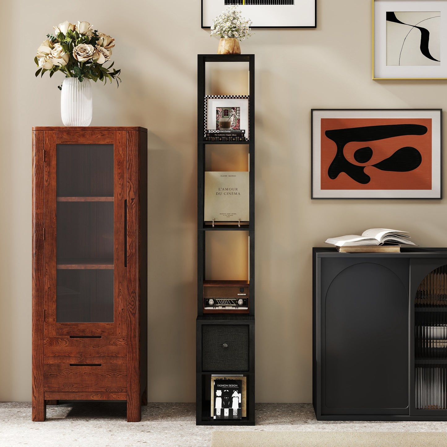 Floor Lamp with Shelves, LED Column Modern Standing Lamp with Fabric Drawer, Adjustable Brightness