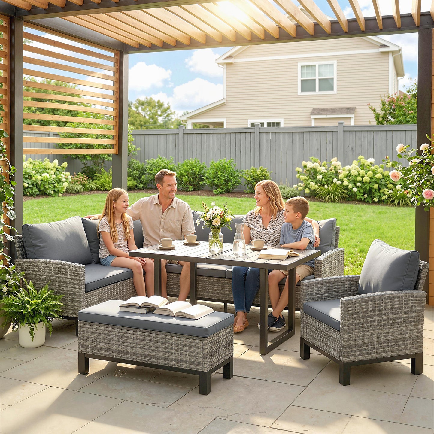 9 Seater Rattan Garden Furniture Corner Sofa Set, Outdoor Dining Set with Faux Wood Table, Ottoman, Cushions, Dark Grey