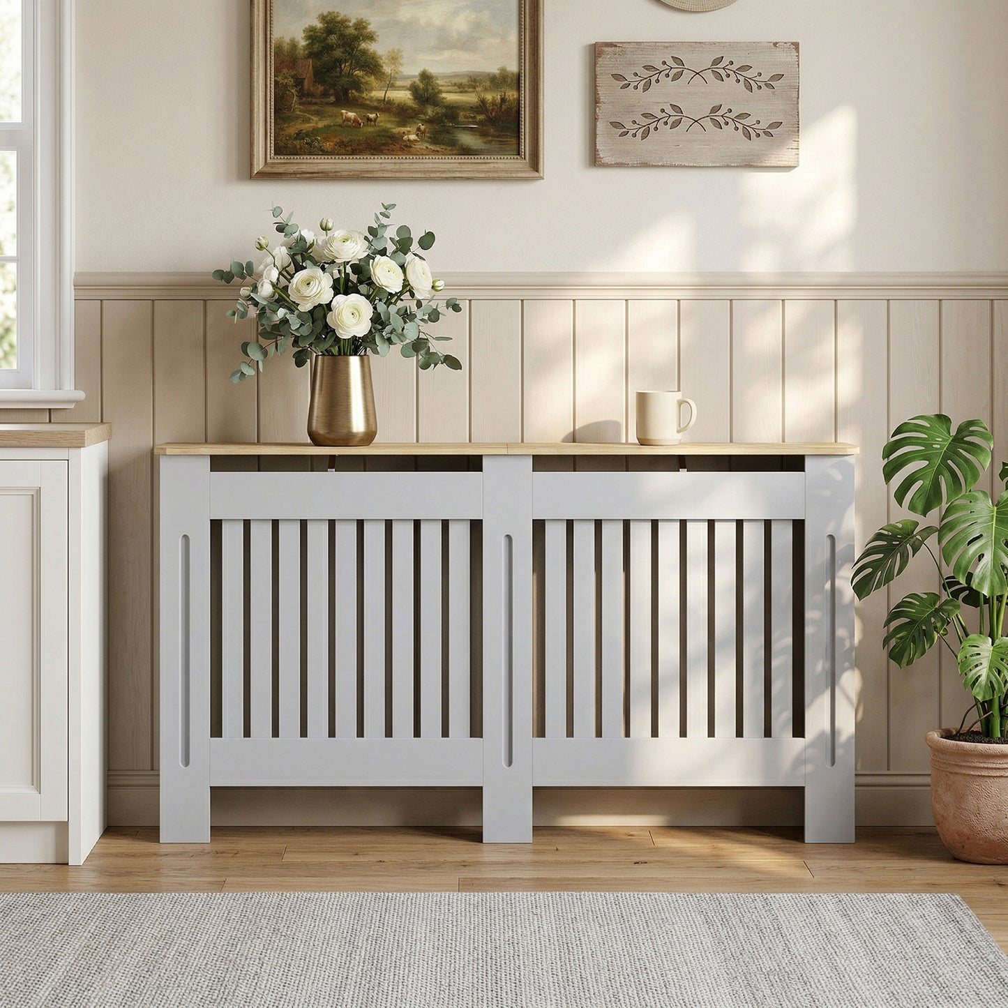 Slatted Radiator Cover, Painted Cabinet with Line Grill Design, 152L × 19W × 81H cm, Grey