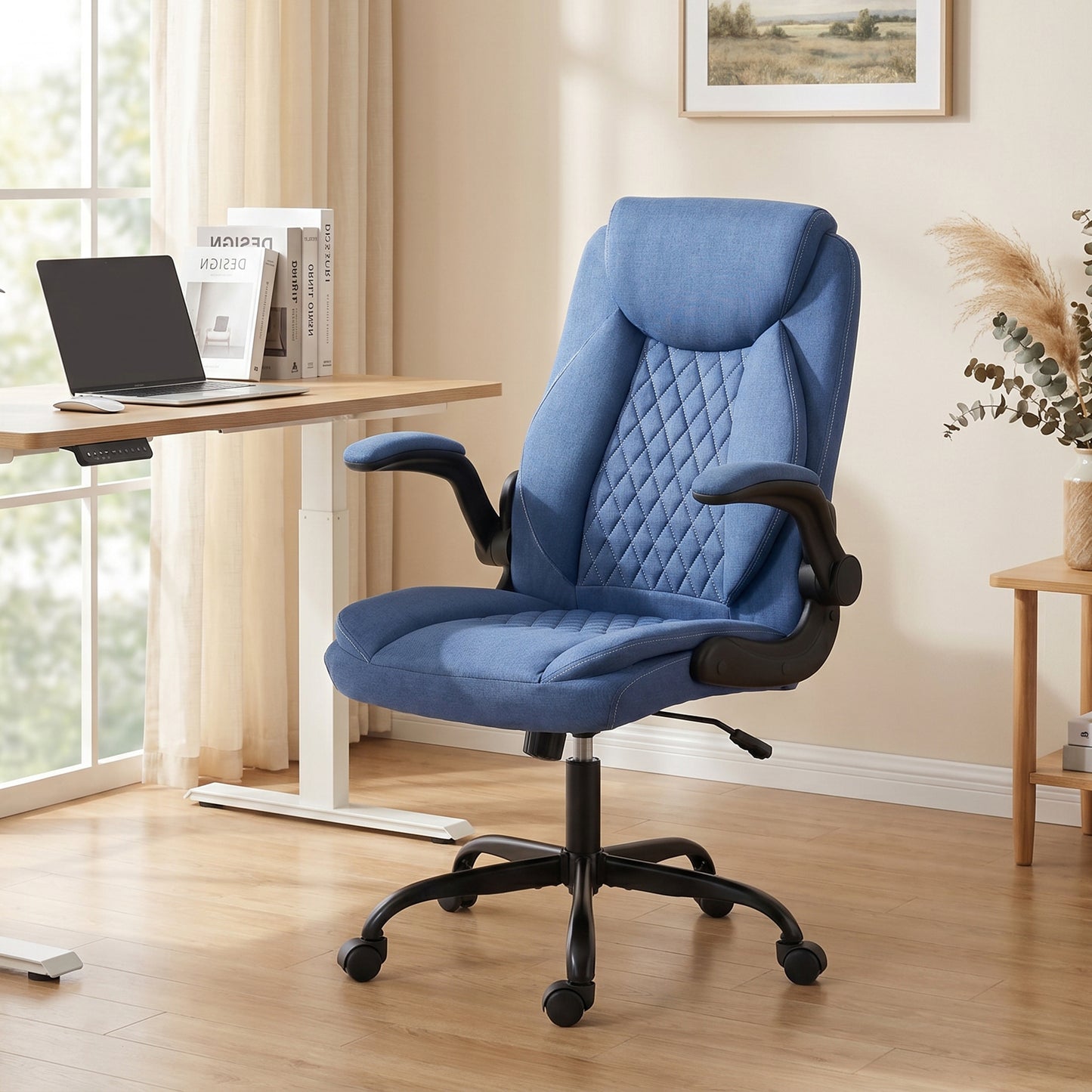 Linen-Look Computer Desk Chair, Executive Office Chair with Flip-Up Armrests and Thick Cushion, Blue