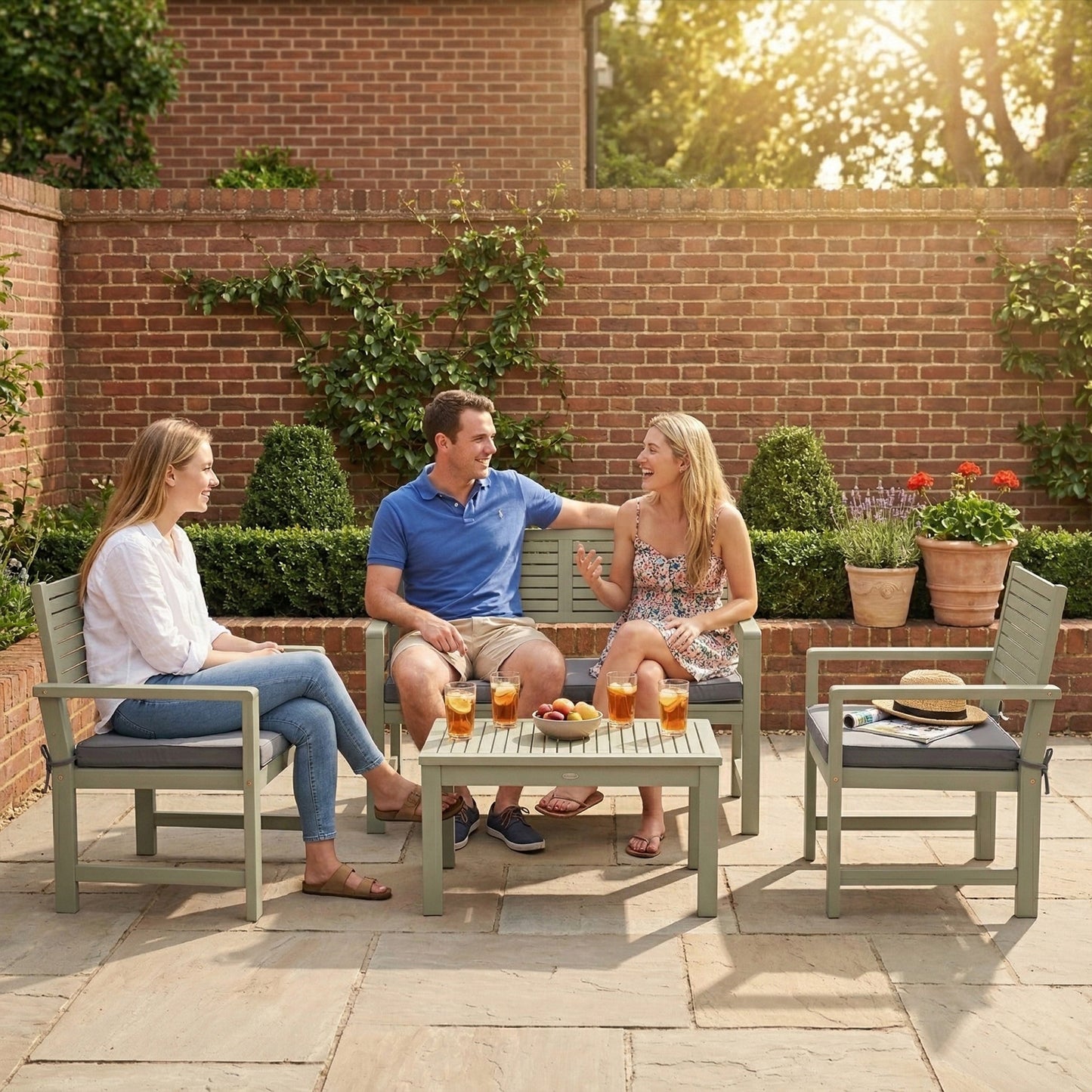 4 Seater Wooden Garden Furniture Set with Loveseat, Armchairs, Table, Acacia Wood Garden Sofa Set, Light Grey