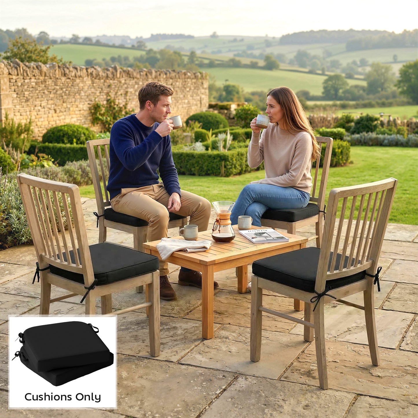 Outdoor Chair Seat Cushions Set of 2, Garden Chair Cushions with 7cm Thick Foam & Ties, Black