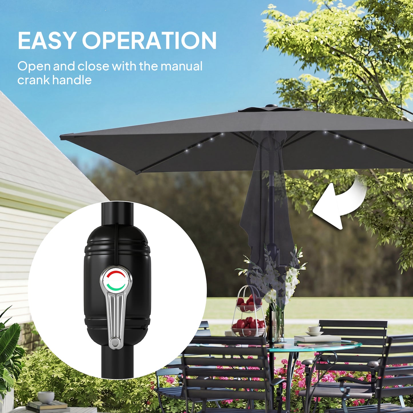3 x 2 m Garden Parasol Umbrella with LED Solar Light, Parasol Cover, Outdoor Market Patio Umbrella, Black