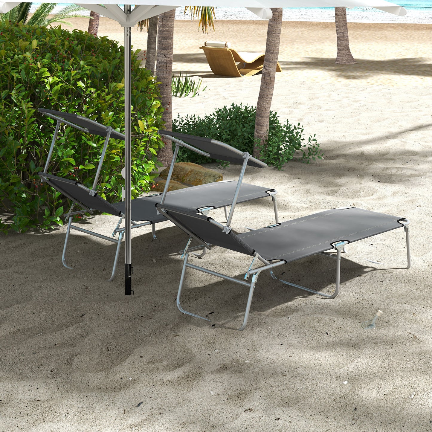 Folding Sun Lounger Set of 2 with Canopy, Reclining Sunbed with 4-Position Adjustable Backrest, 600D Oxford Cloth