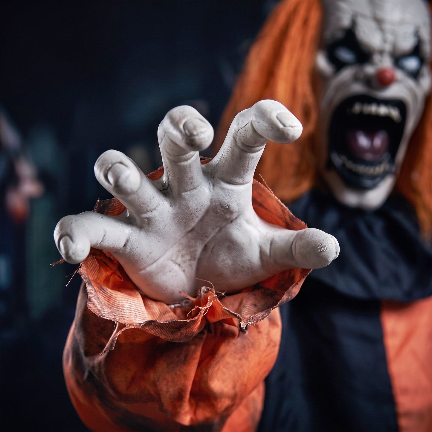 Animated Halloween Face Changing Clown, Animatronic Joker with Cackling Sound, Glowing Eyes, Sound/Touch Activated