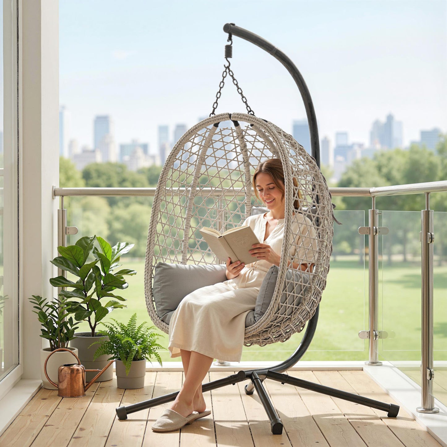 Hanging Egg Chair, Indoor Outdoor Rattan Hammock Swing Chair with Stand, Safety Strap, Foldable Basket, Light Grey