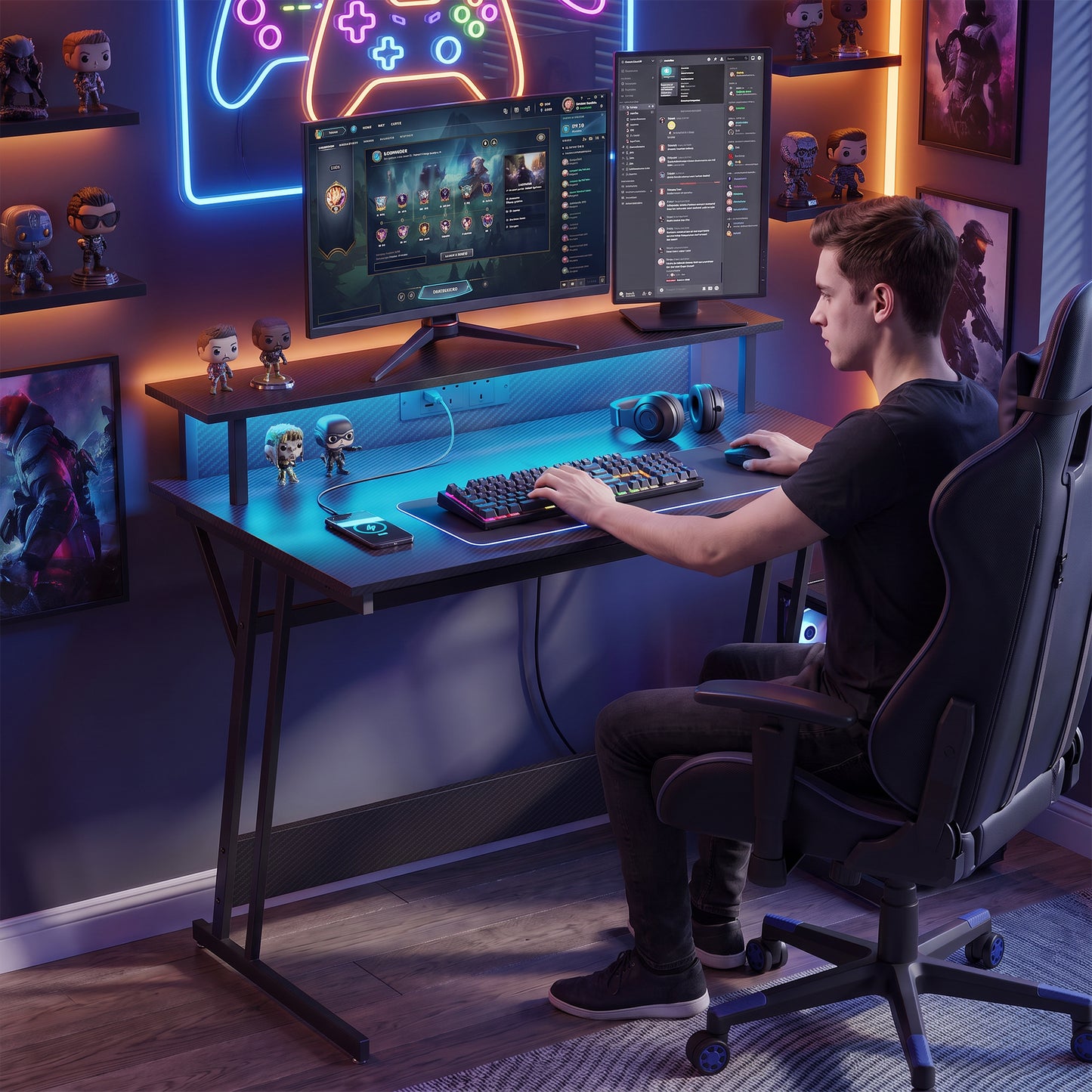 Two-Level LED Gaming Desk - Black