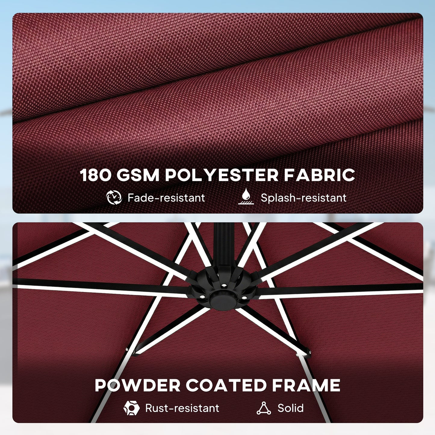 3 m Garden Cantilever Parasol with LED Solar Light, Round Overhanging Umbrella with 360° Rotation, Cover, Wine Red