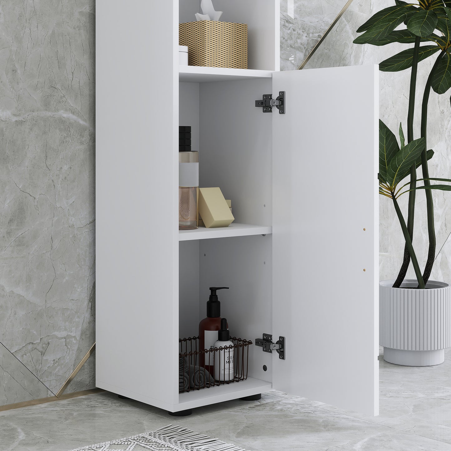 Line Embossed Tall Bathroom Storage Cabinet - White