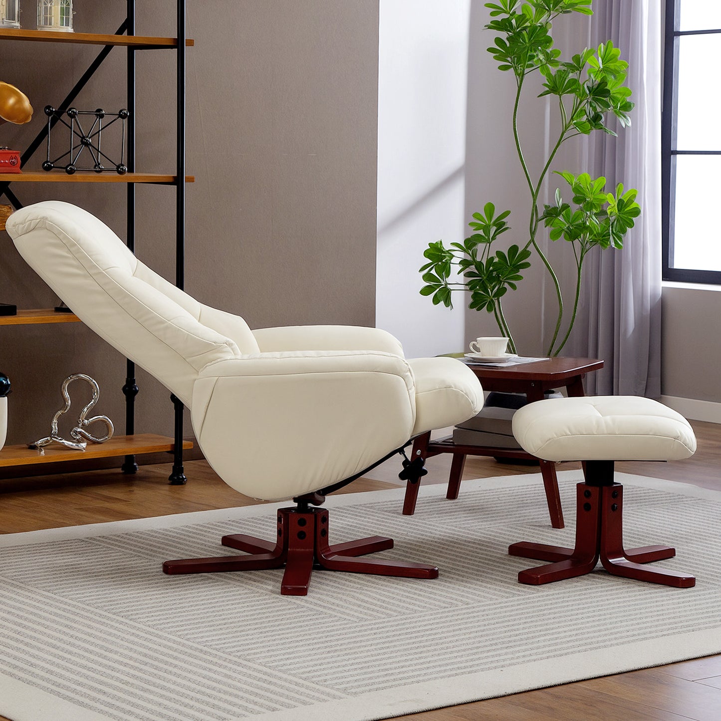 Rocking Recliner Chair with Footstool, PU Leather Recliner Armchair with Wood Base