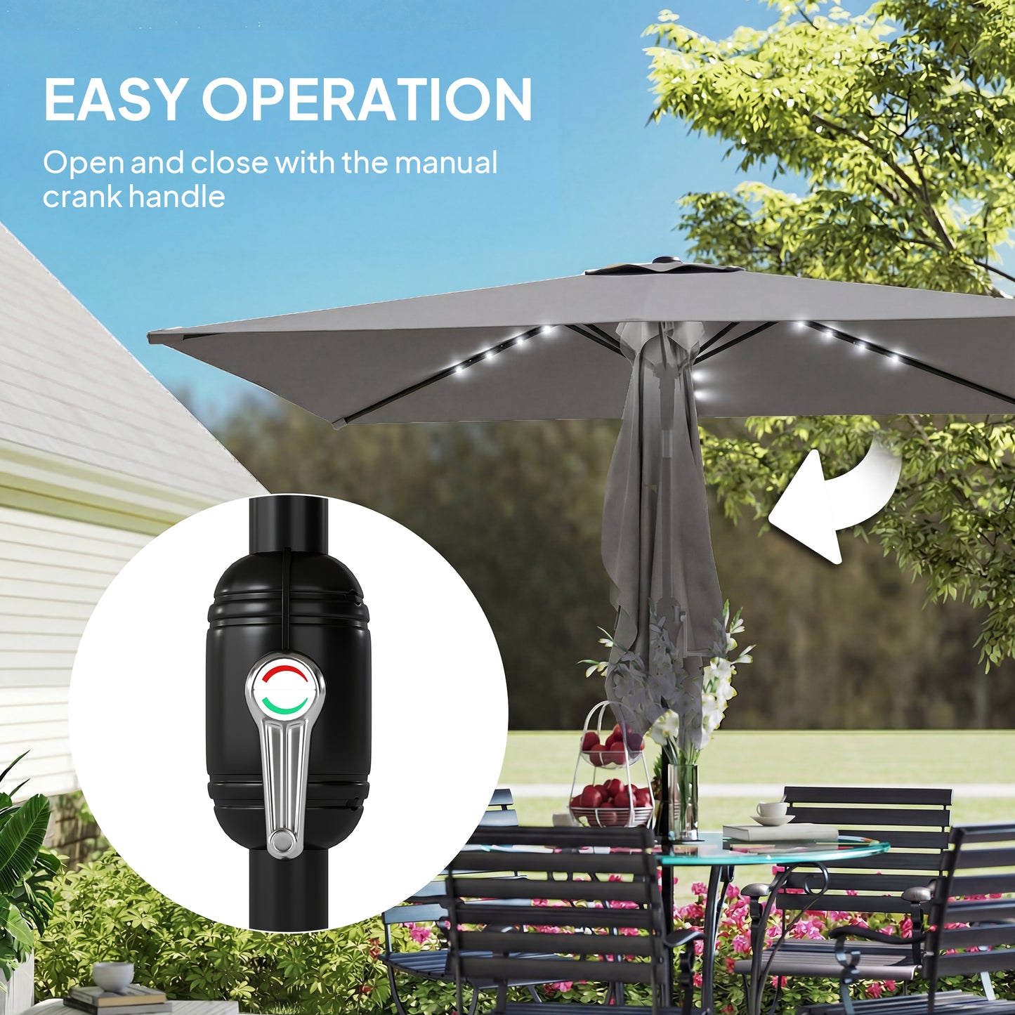3 x 2 m Garden Parasol Umbrella with LED Solar Light, Parasol Cover, Outdoor Market Patio Umbrella, Dark Grey