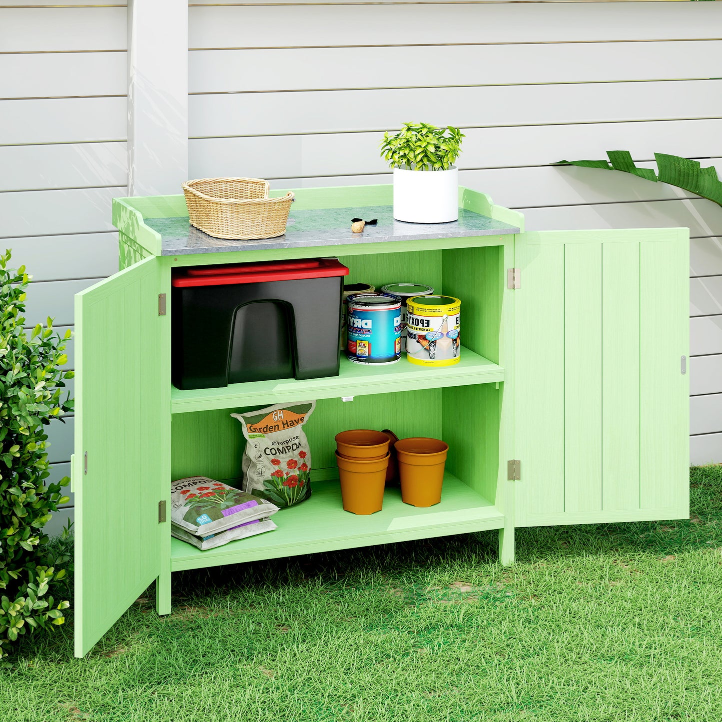 Wood Garden Storage Cabinet, Outdoor Tool Shed, Potting Bench Table with galvanised Top and Two Shelves for garden Tools or P