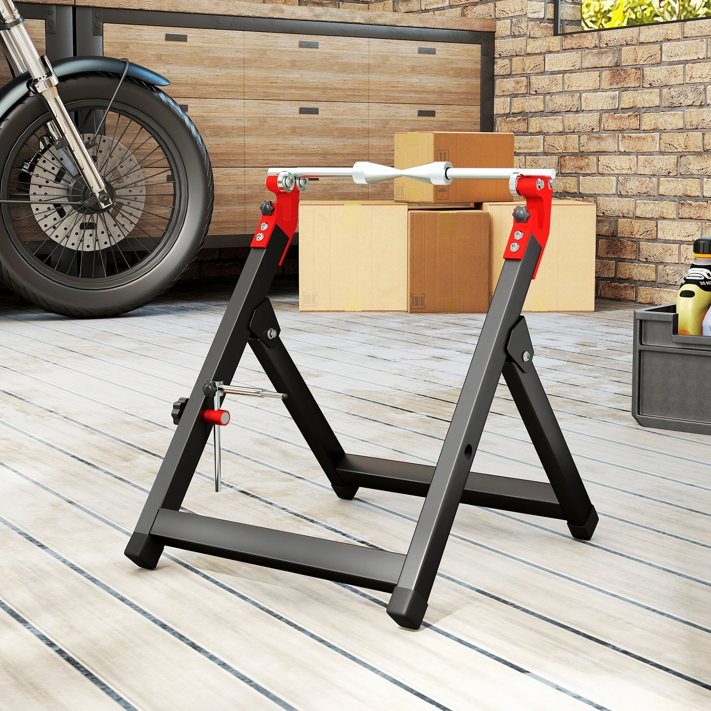 Foldable Motorcycle Wheel Balancer Truing Stand with Spoke Wrench, Steel Bike Tyre Rim Balancing Stand with Aluminium Shaft