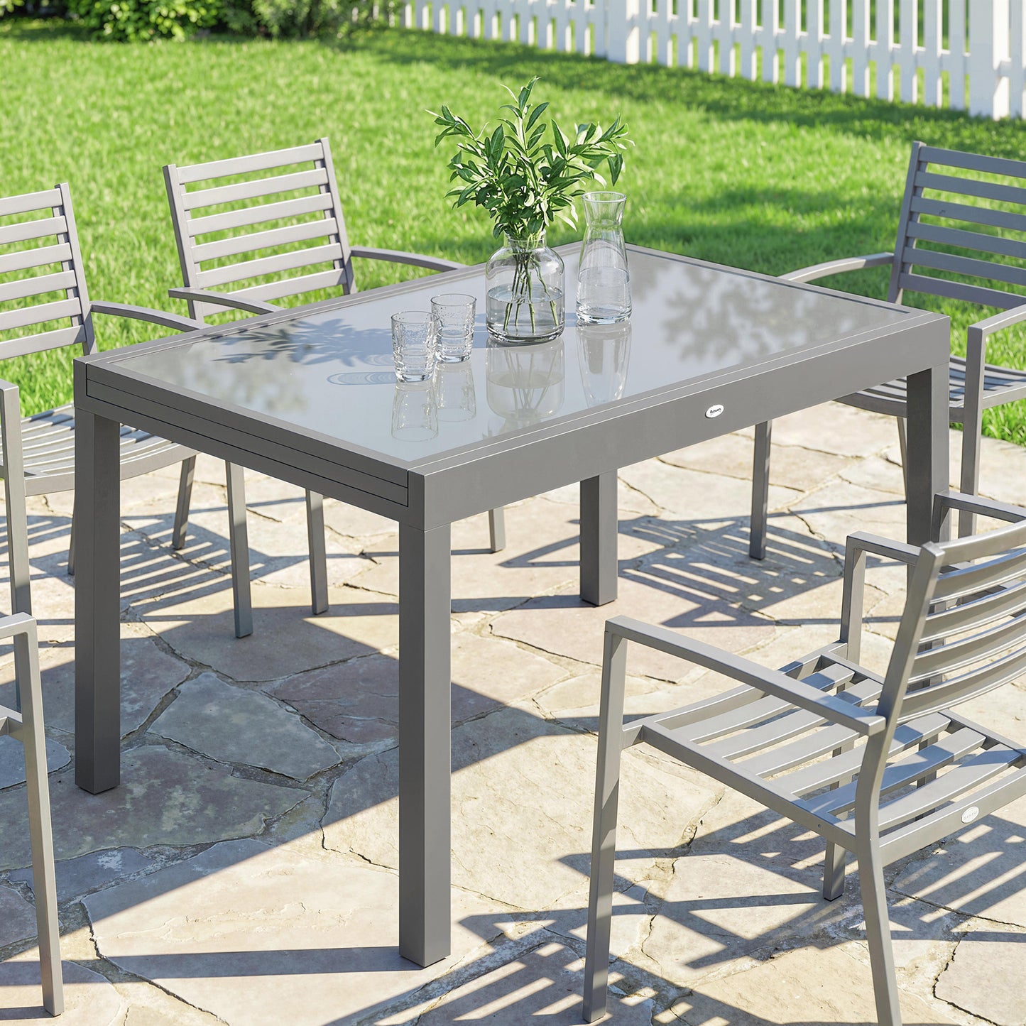 Extending Garden Table for 6-10, Aluminium Outdoor Dining Table with Tempered Glass Top, Grey