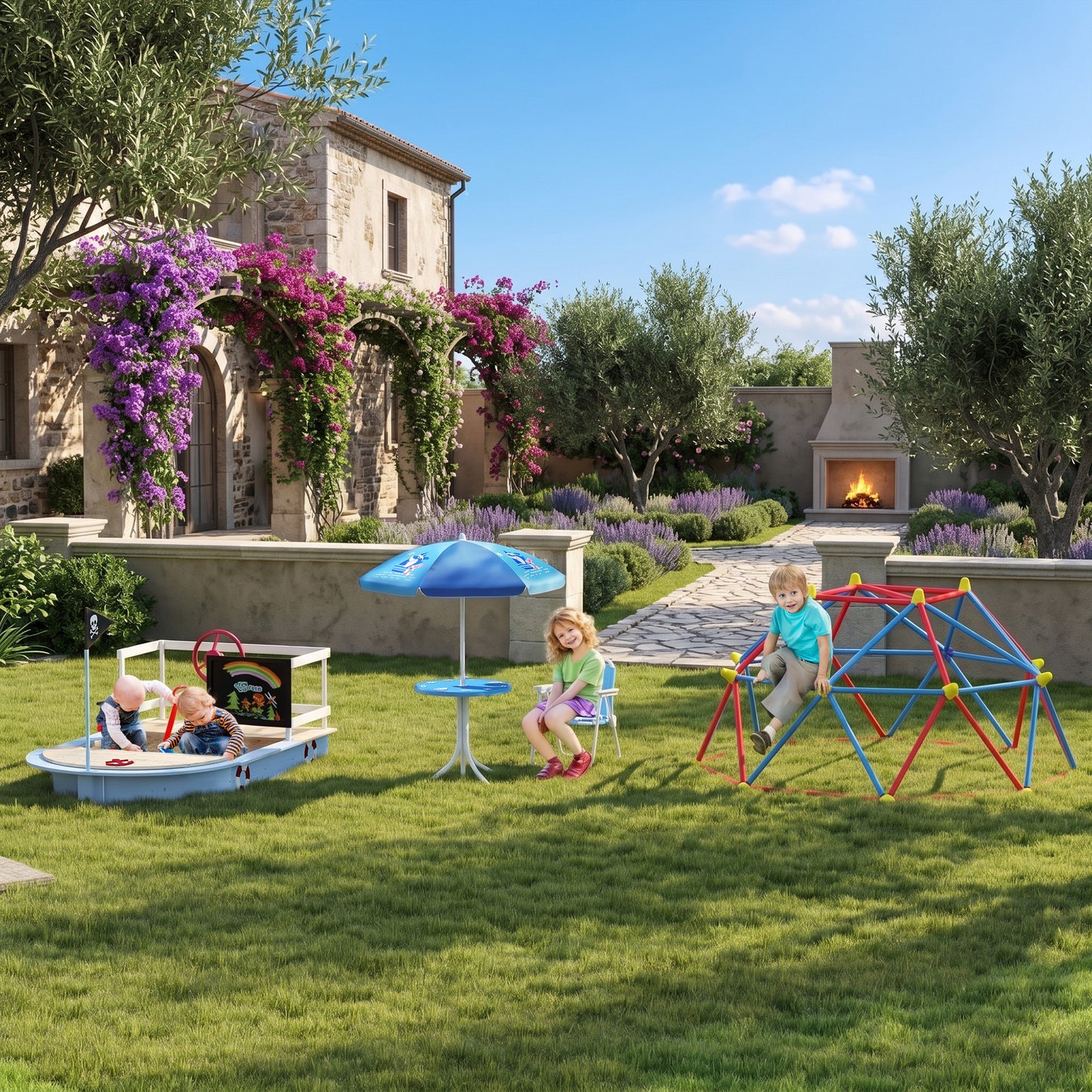Kids Outdoor Bistro Table and Chair Set, Folding Garden Furniture w/ Shark Design, Removable, Adjustable Sun Umbrella