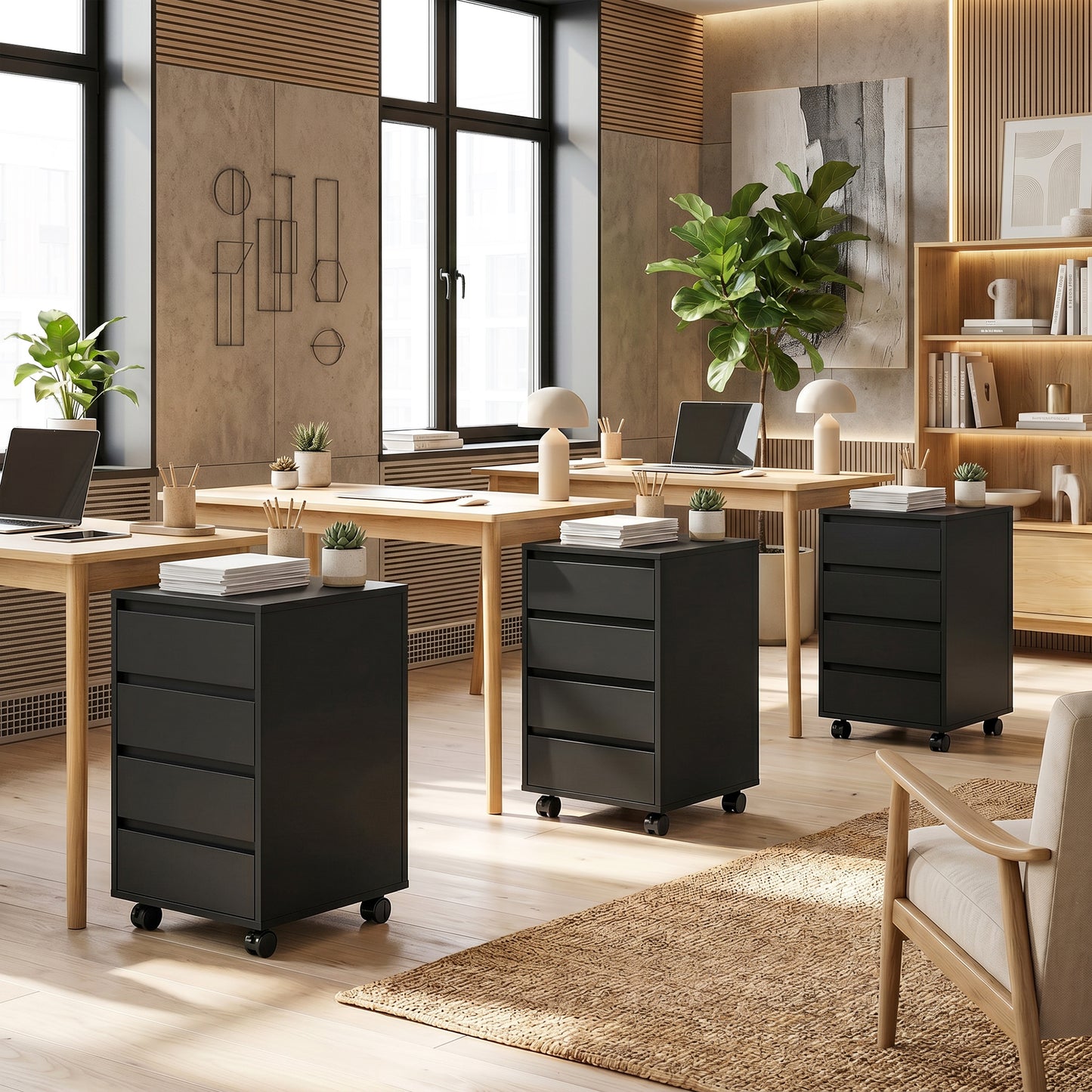 Four-Drawer Office Filing Cabinet, with Wheels - Black