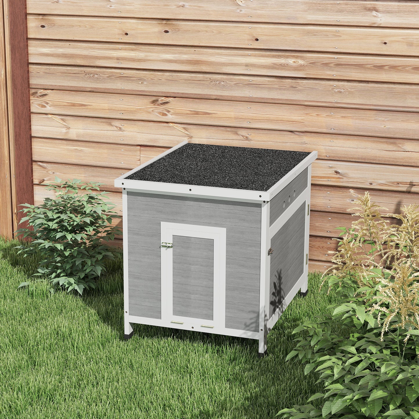 Wooden Duck House with Ramp, Double Doors, Openable Asphalt Roof, Ventilation Holes, Removable Base, Light Grey